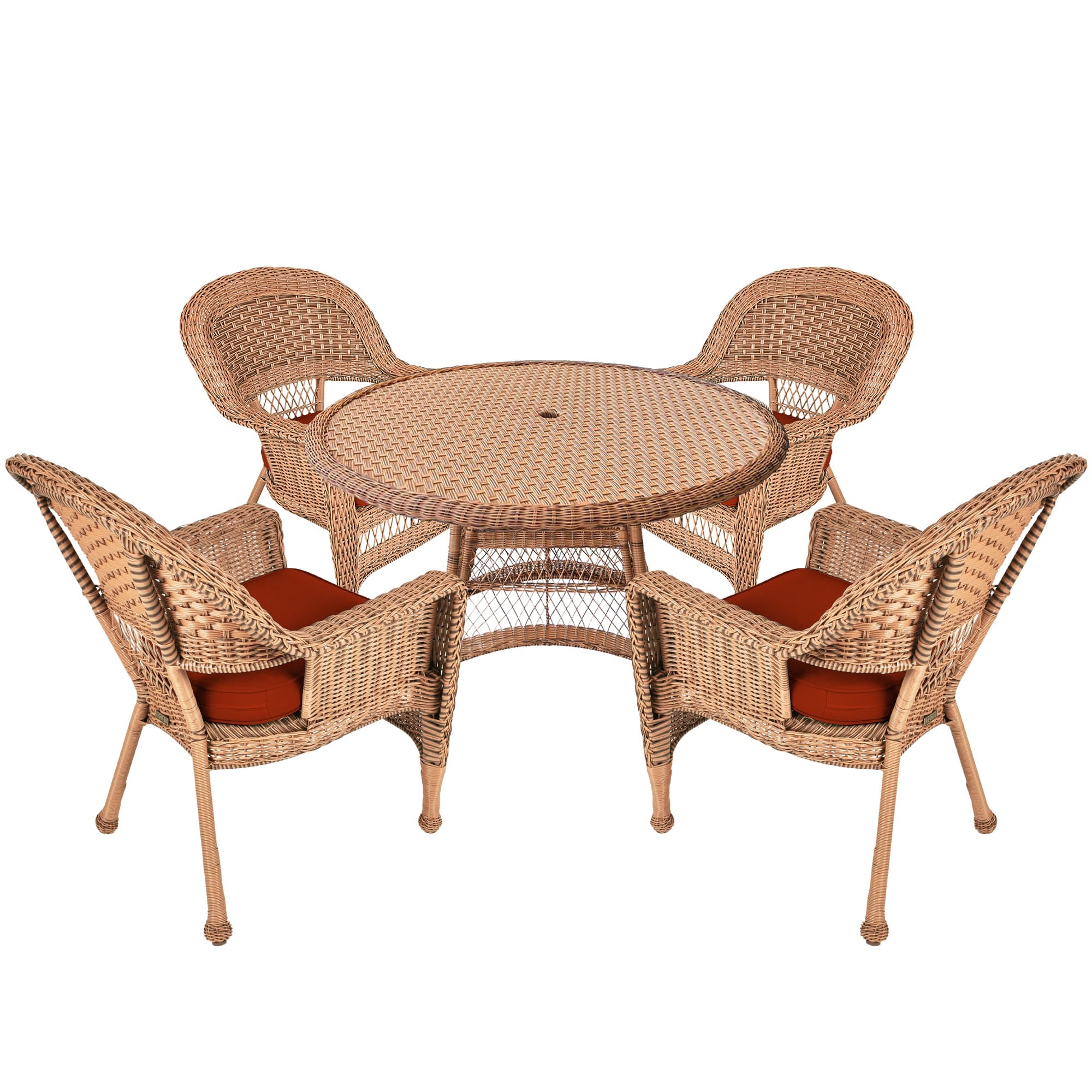 5pc Honey Wicker Dining Set - Brick Red Cushions