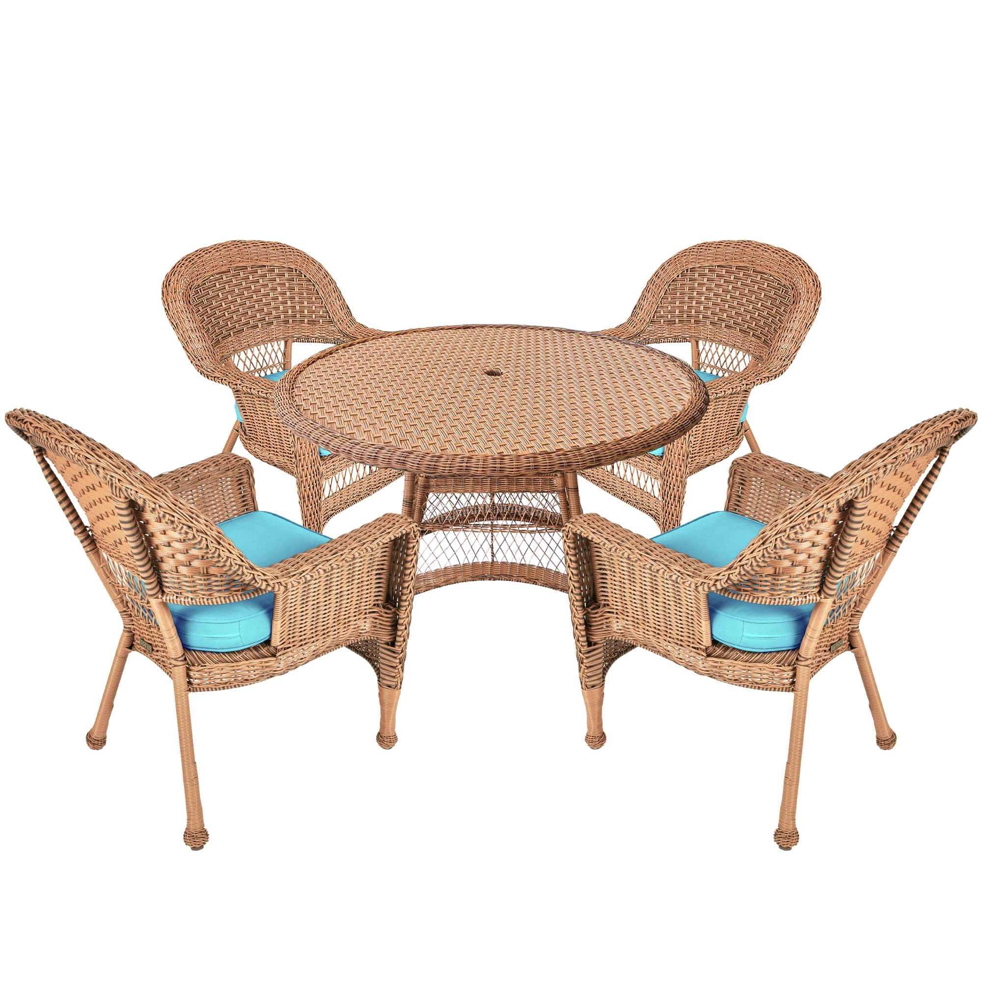 5pc Honey Wicker Dining Set - Sky Blue Cushions