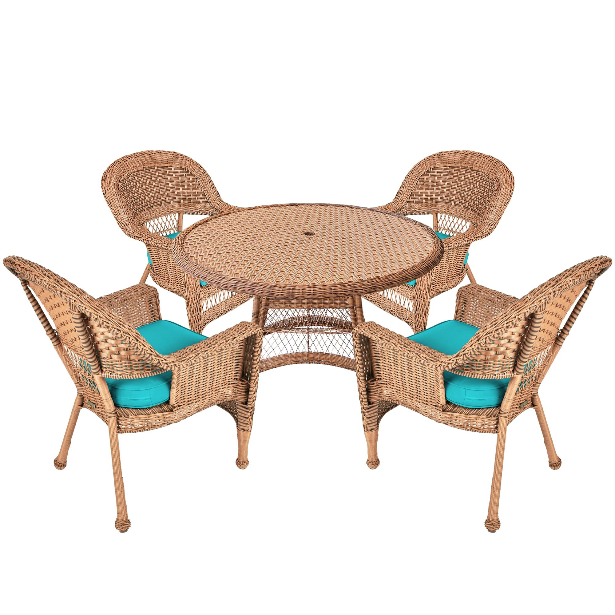 5pc Honey Wicker Dining Set - Turquoise Cushions