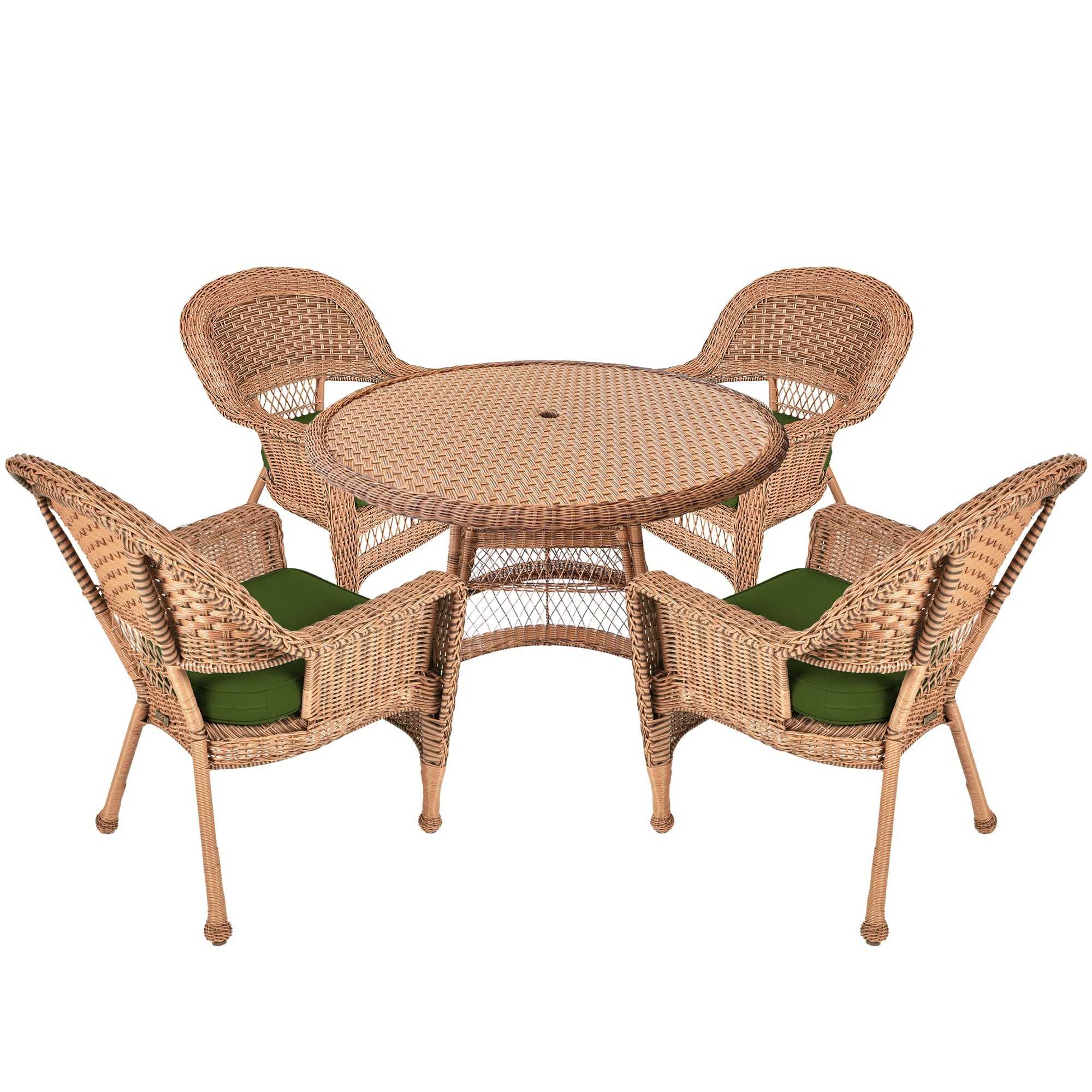 5pc Honey Wicker Dining Set - Hunter Green Cushions