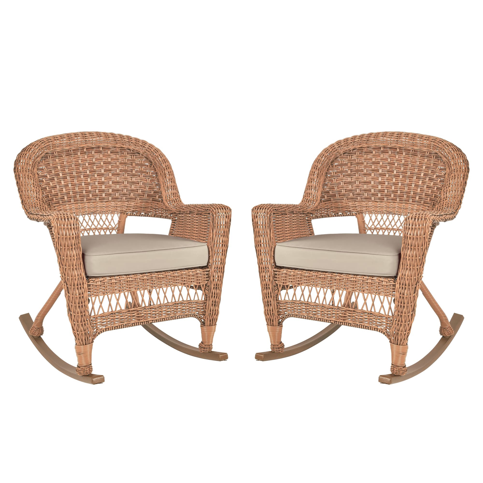 Honey Rocker Wicker Chair with Tan Cushion -  Set of 2