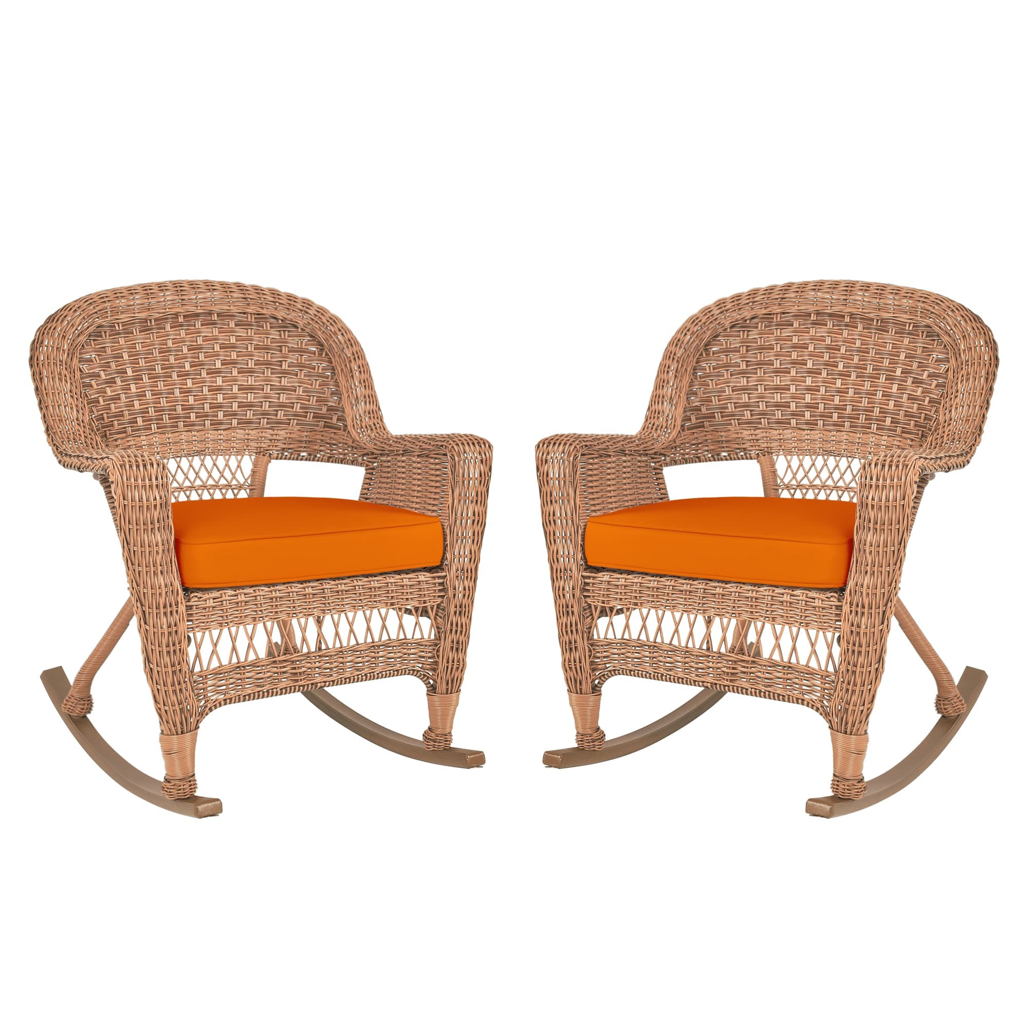 Honey Rocker Wicker Chair with Orange Cushion -  Set of 2