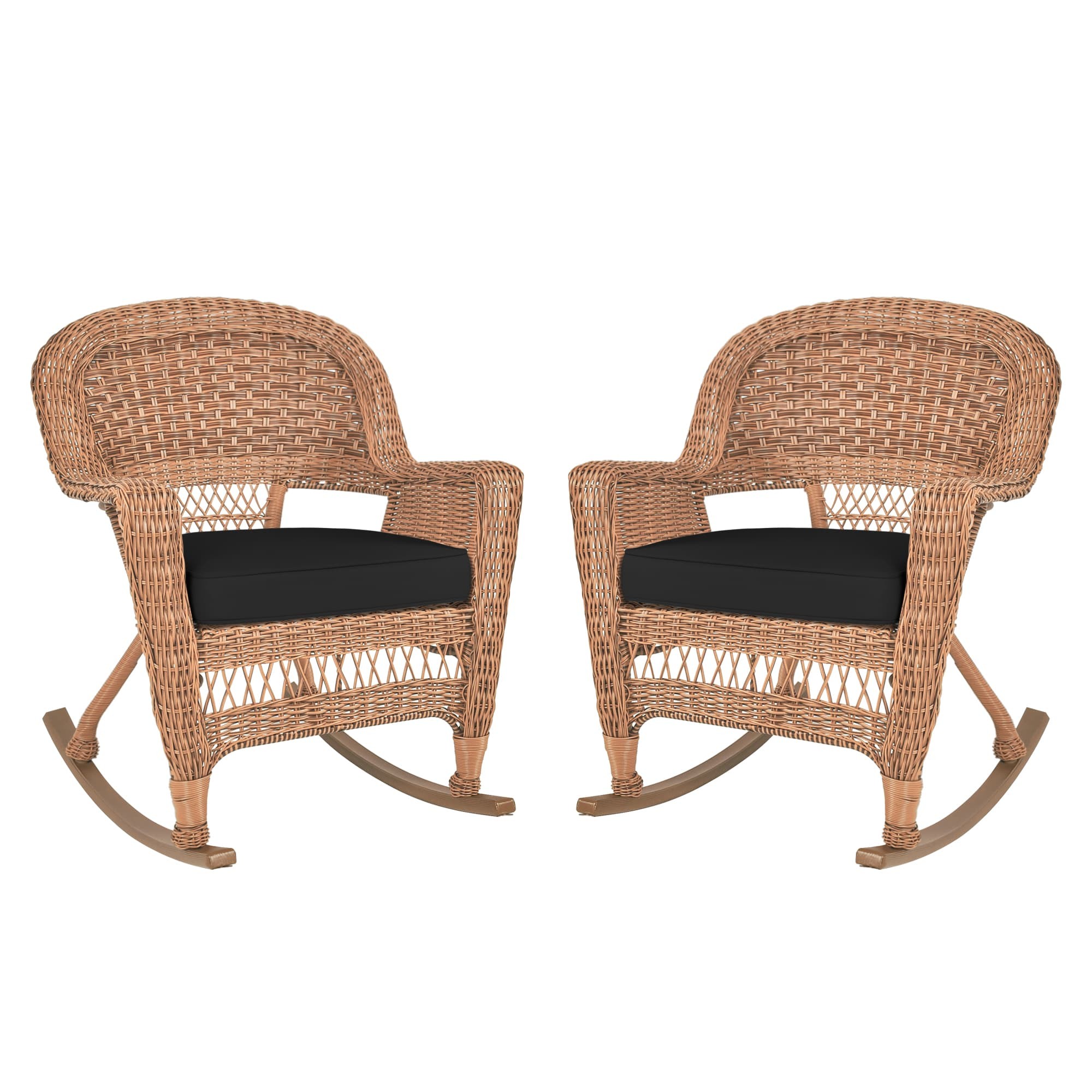 Honey Rocker Wicker Chair with Black Cushion -  Set of 2