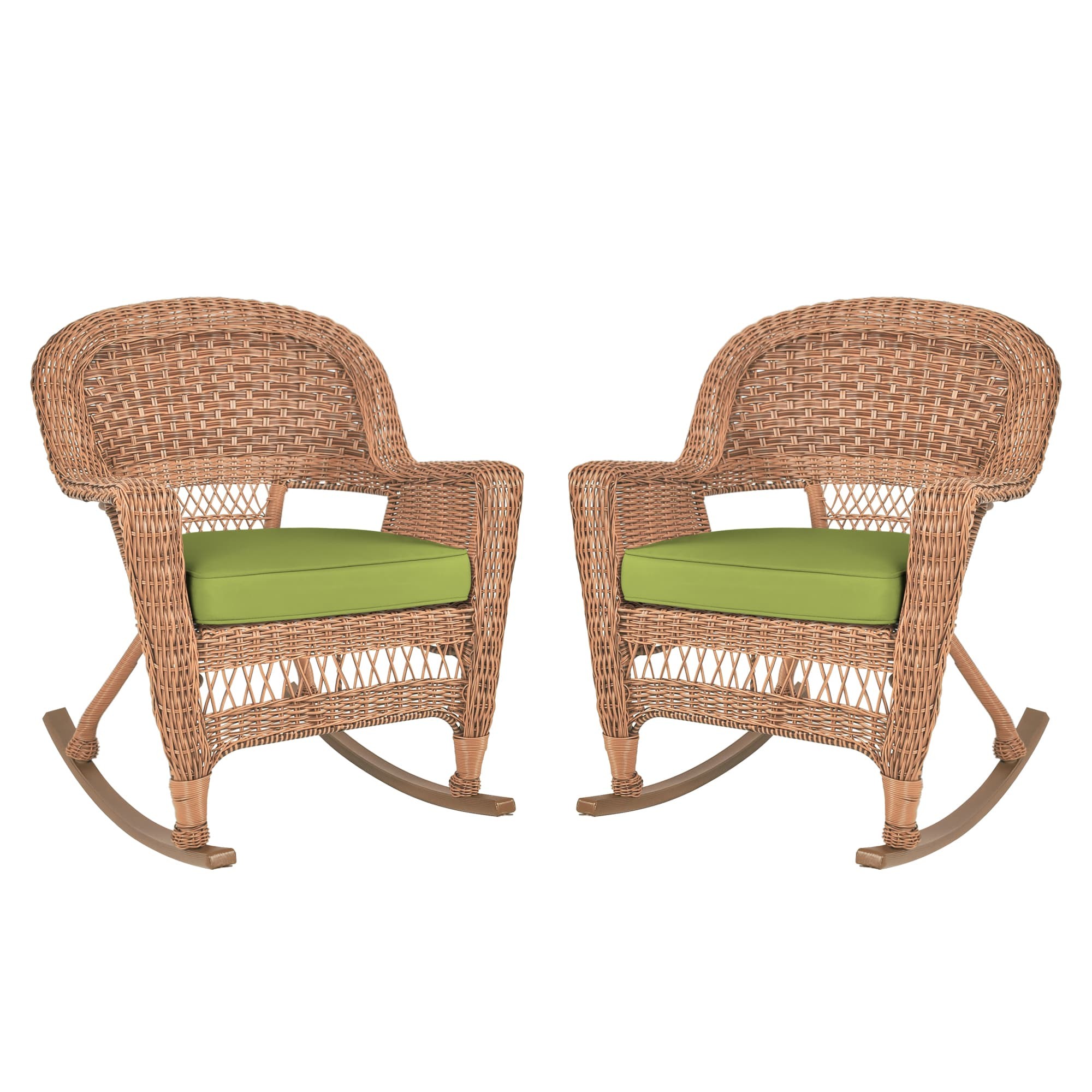 Honey Rocker Wicker Chair with Sage Green Cushion -  Set of 2