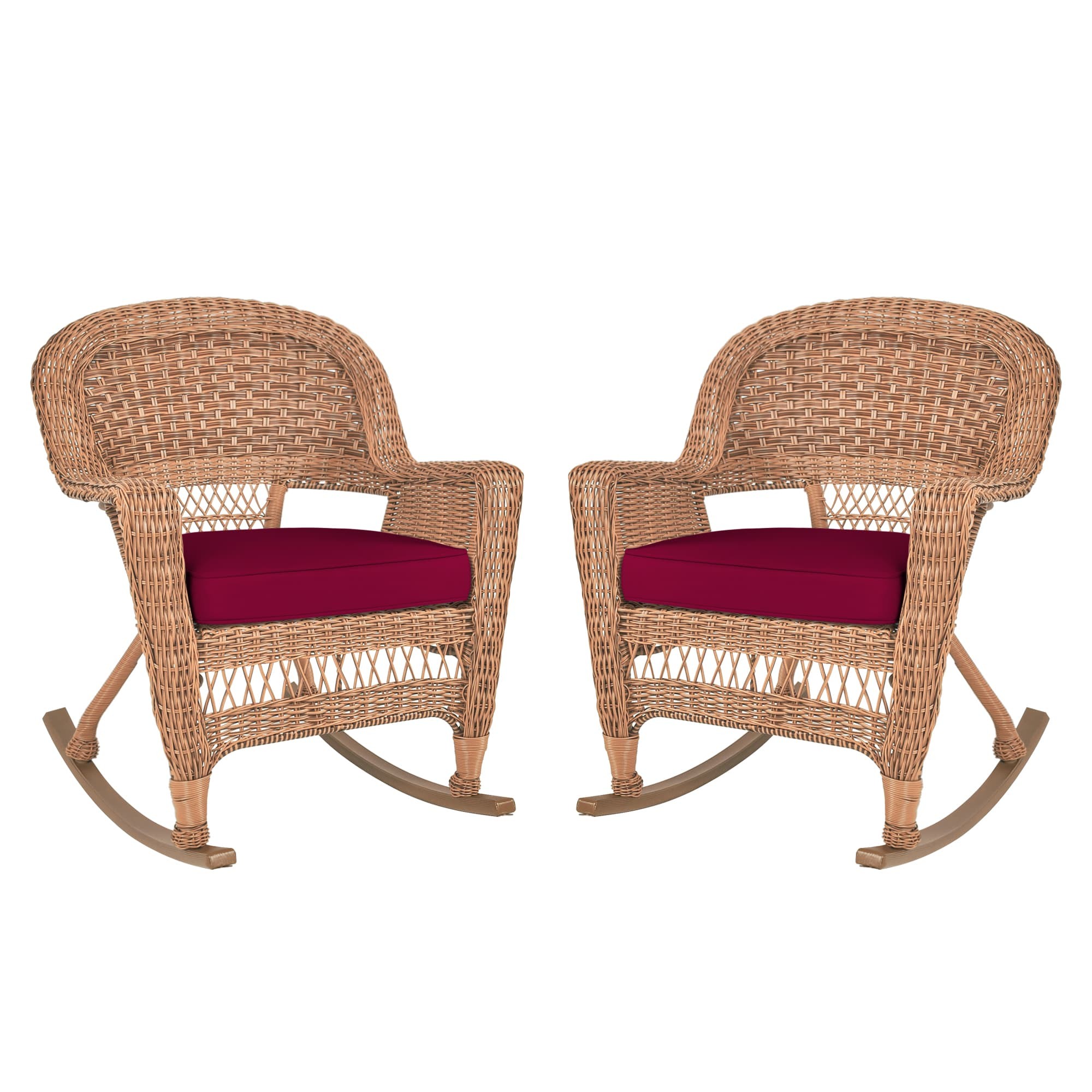 Honey Rocker Wicker Chair with Red Cushion -  Set of 2