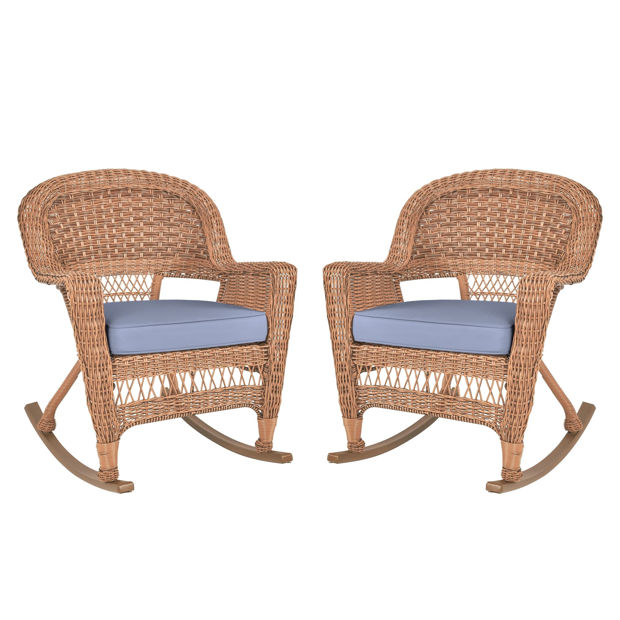 Honey Rocker Wicker Chair with Steel Blue Cushion -  Set of 2