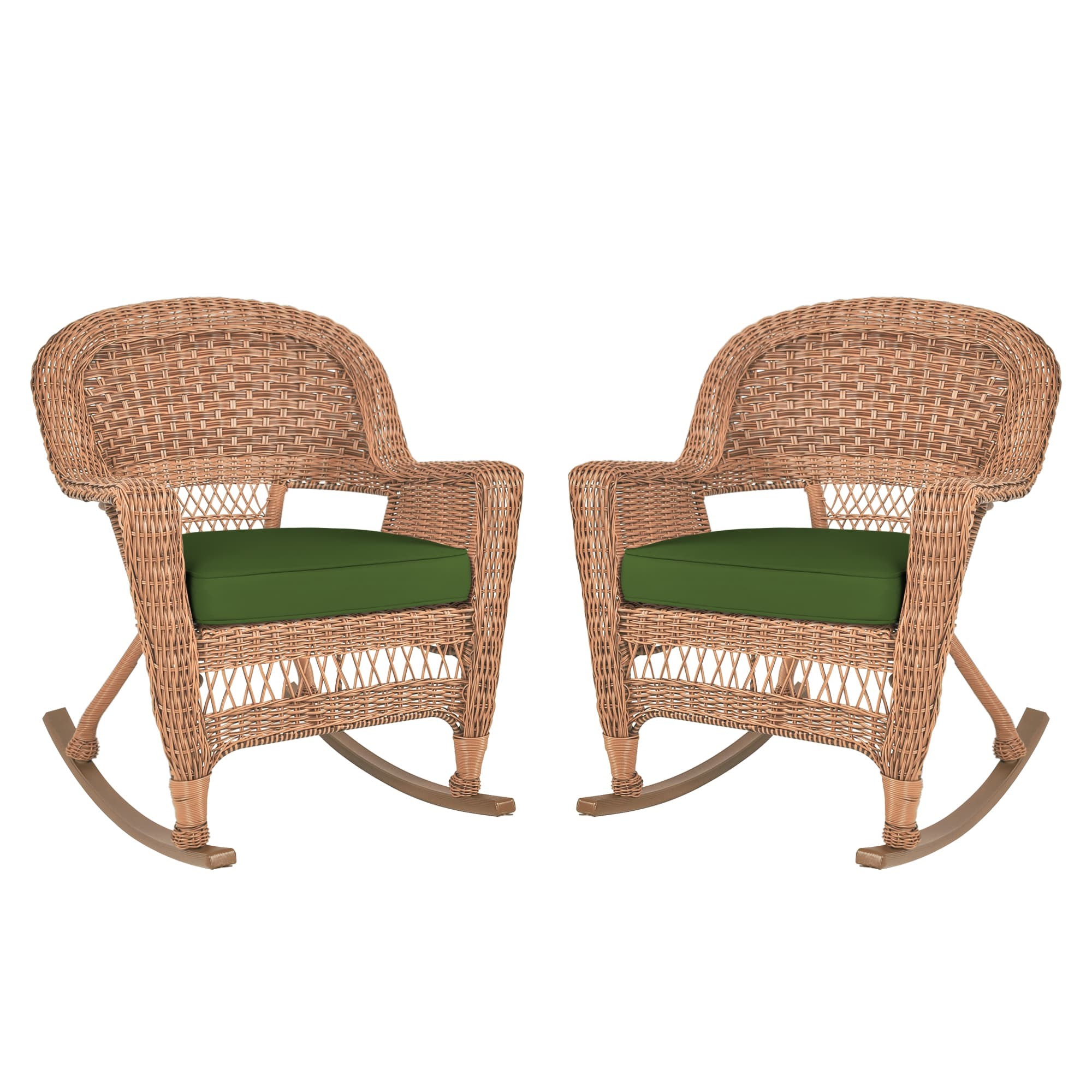 Honey Rocker Wicker Chair with Hunter Green Cushion -  Set of 2