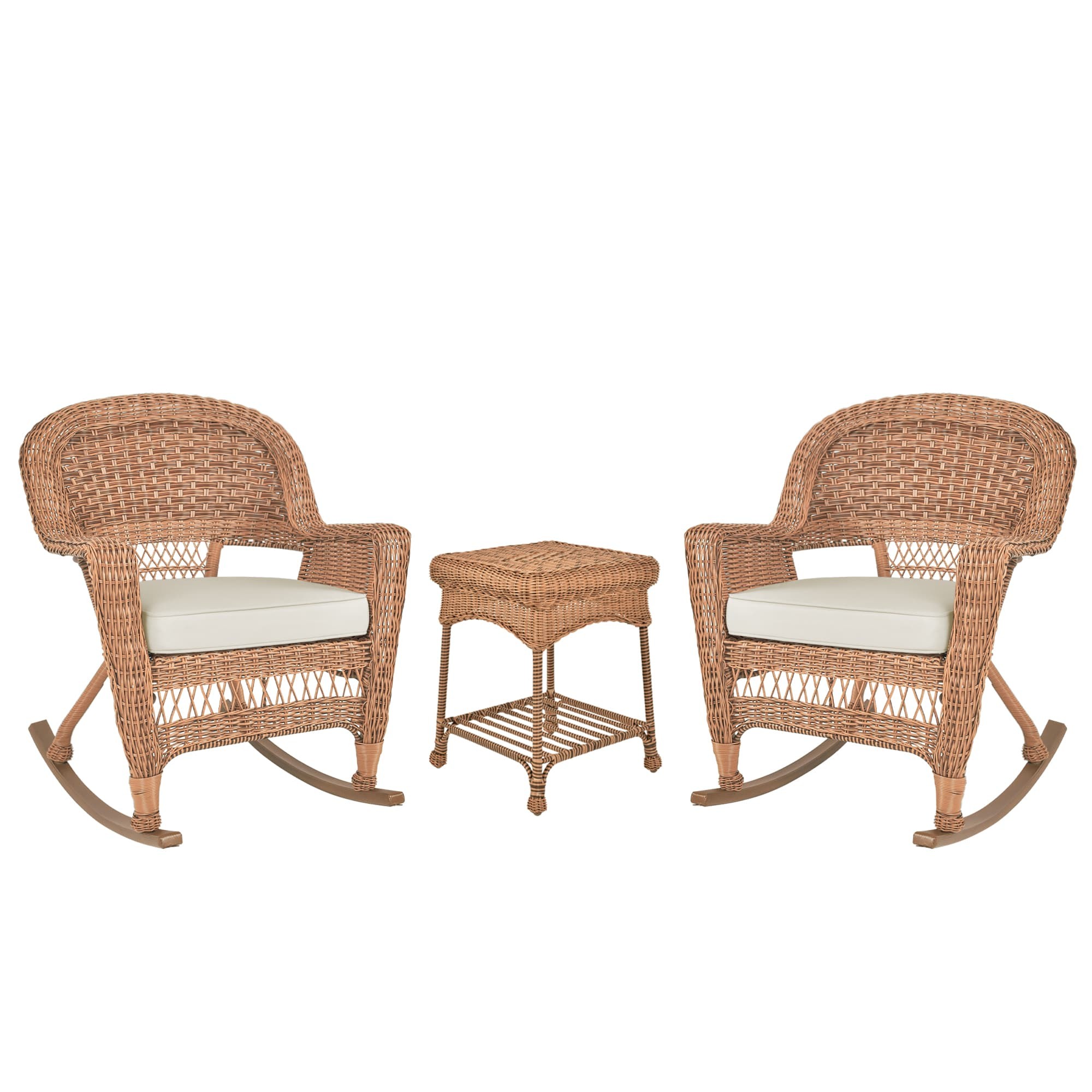 3pc Honey Rocker Wicker Chair Set With Ivory Cushion