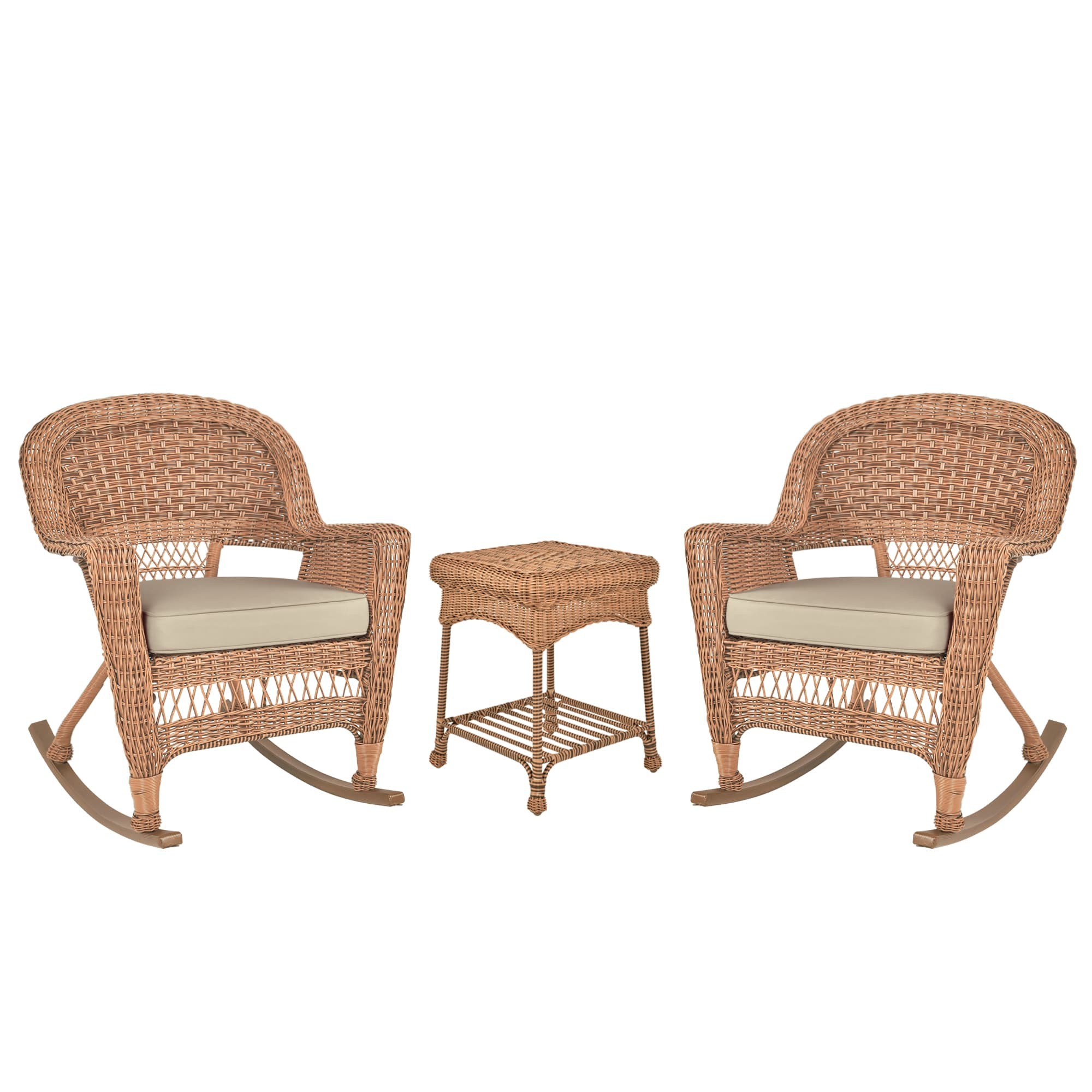 3pc Honey Rocker Wicker Chair Set With Tan Cushion