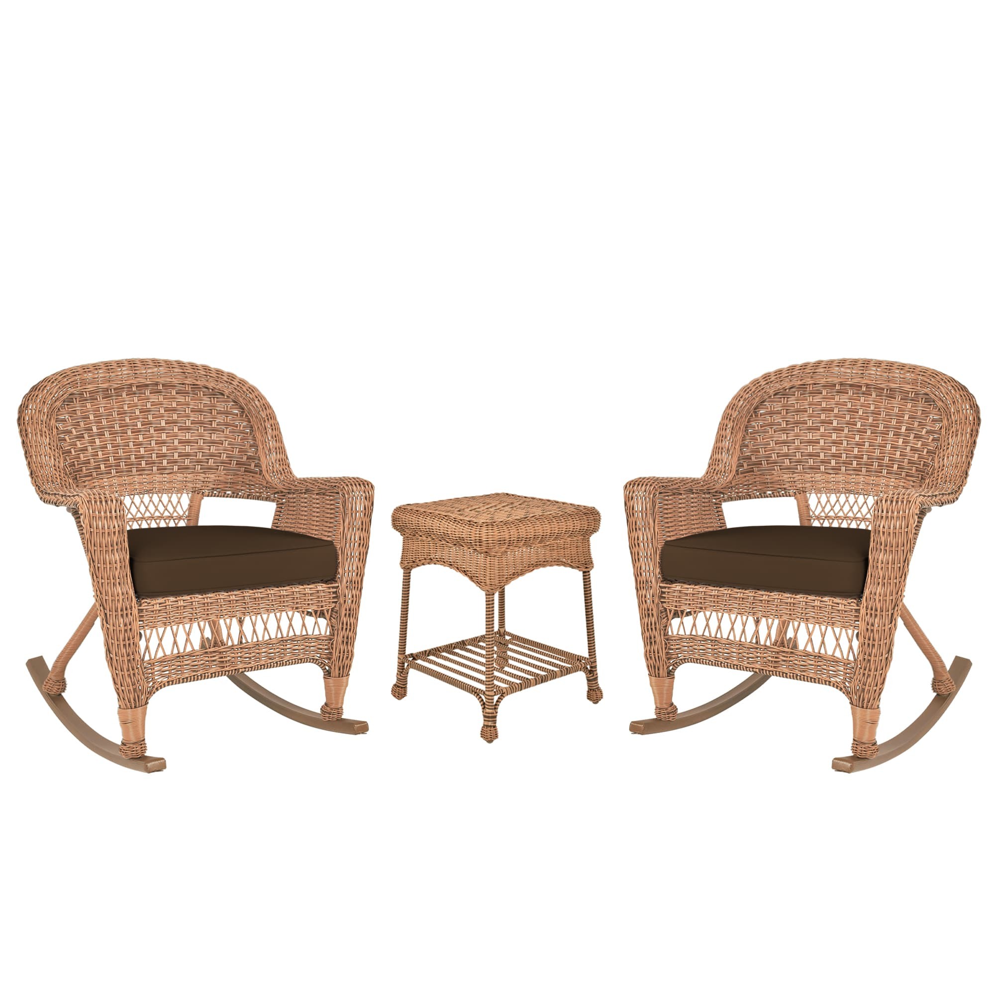 3pc Honey Rocker Wicker Chair Set With Brown Cushion