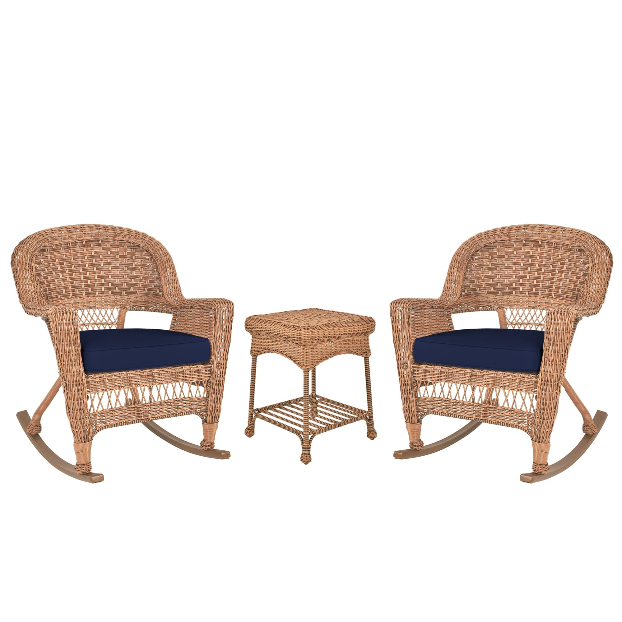 3pc Honey Rocker Wicker Chair Set With Midnight Blue Cushion