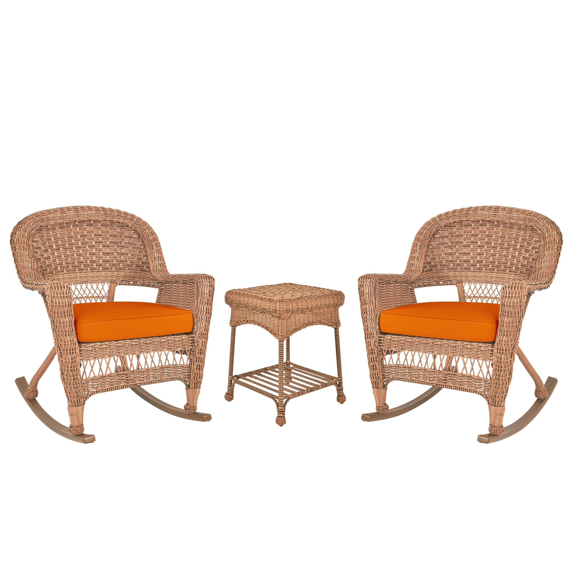 3pc Honey Rocker Wicker Chair Set With Orange Cushion