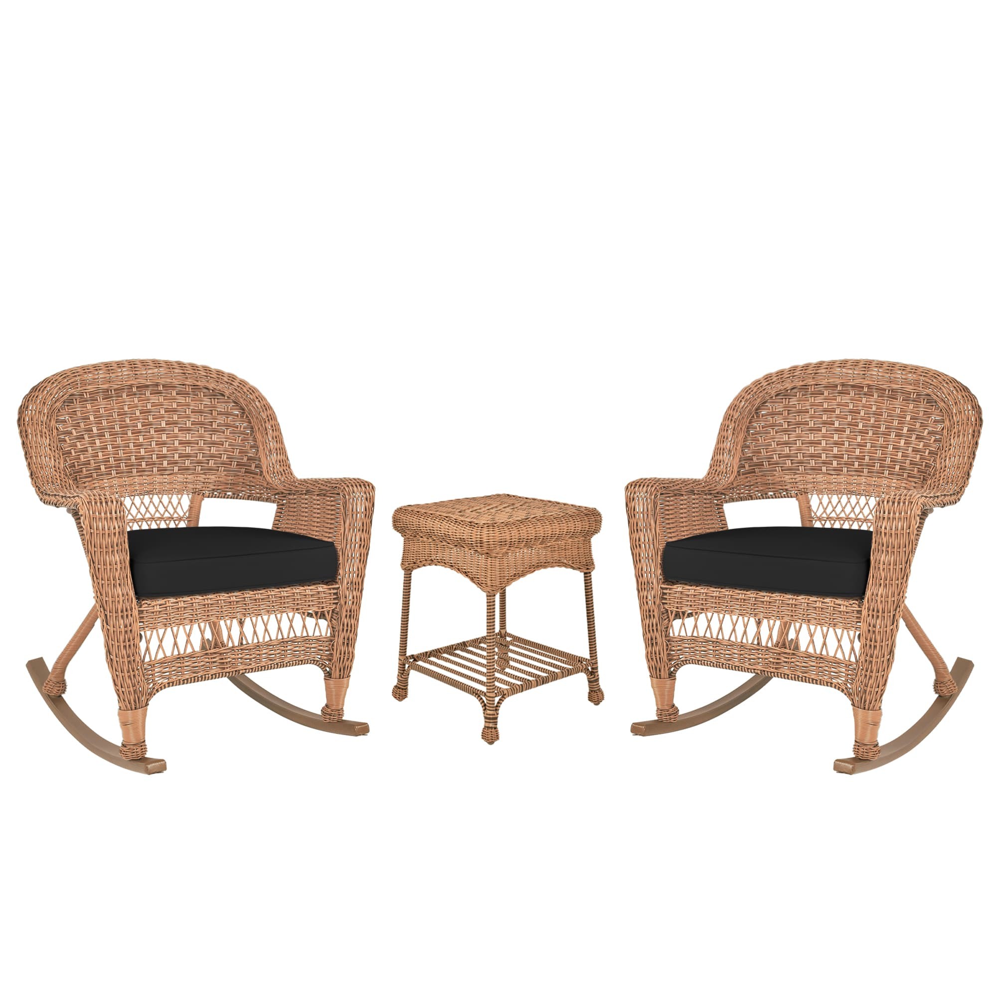 3pc Honey Rocker Wicker Chair Set With Black Cushion