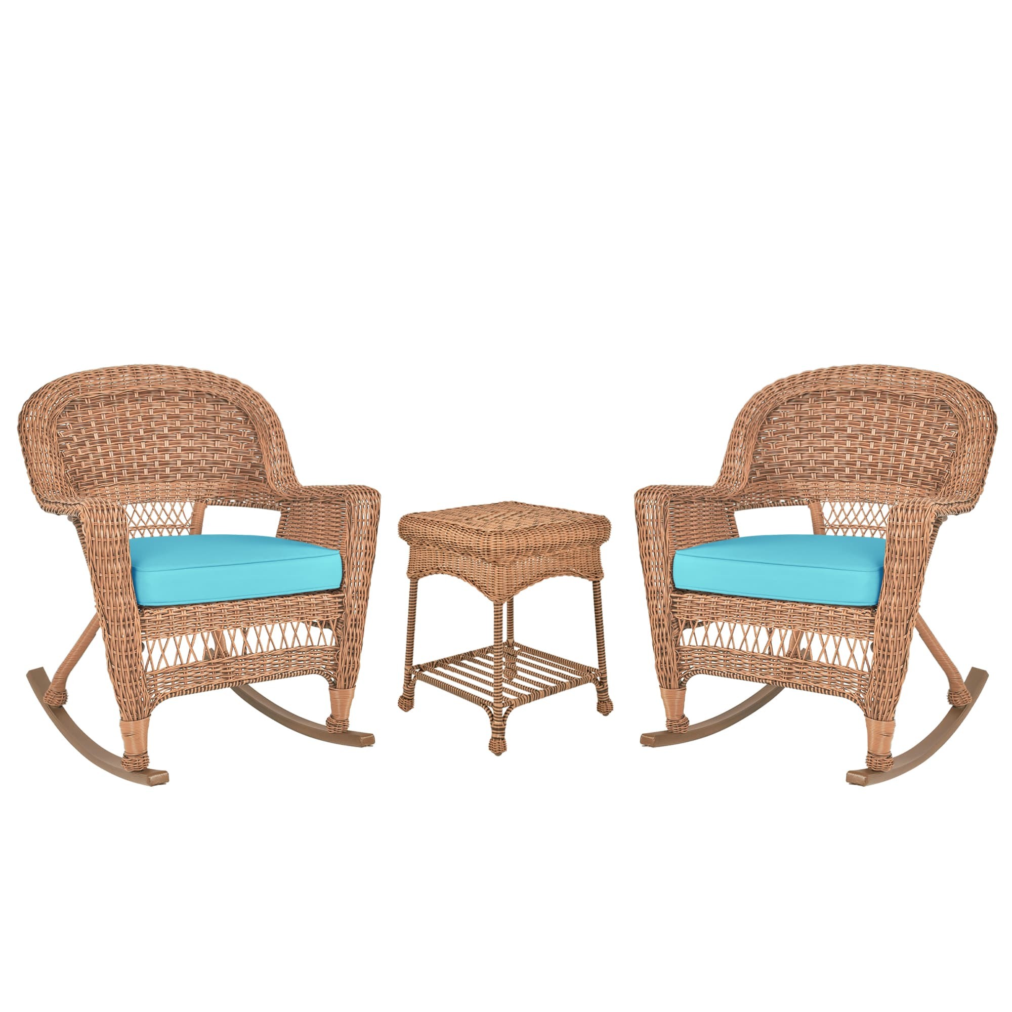 3pc Honey Rocker Wicker Chair Set With Sky Blue Cushion