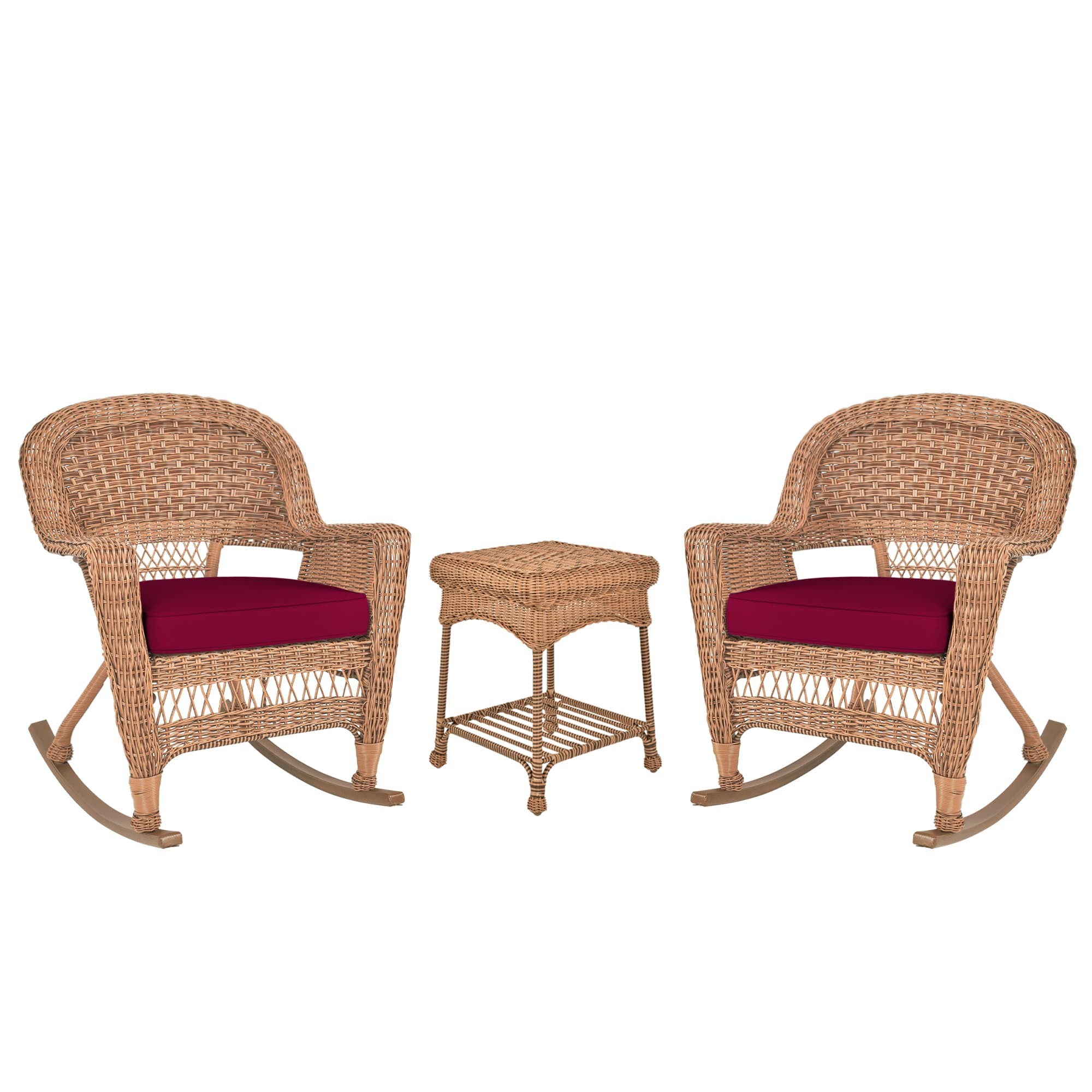 3pc Honey Rocker Wicker Chair Set With Red Cushion
