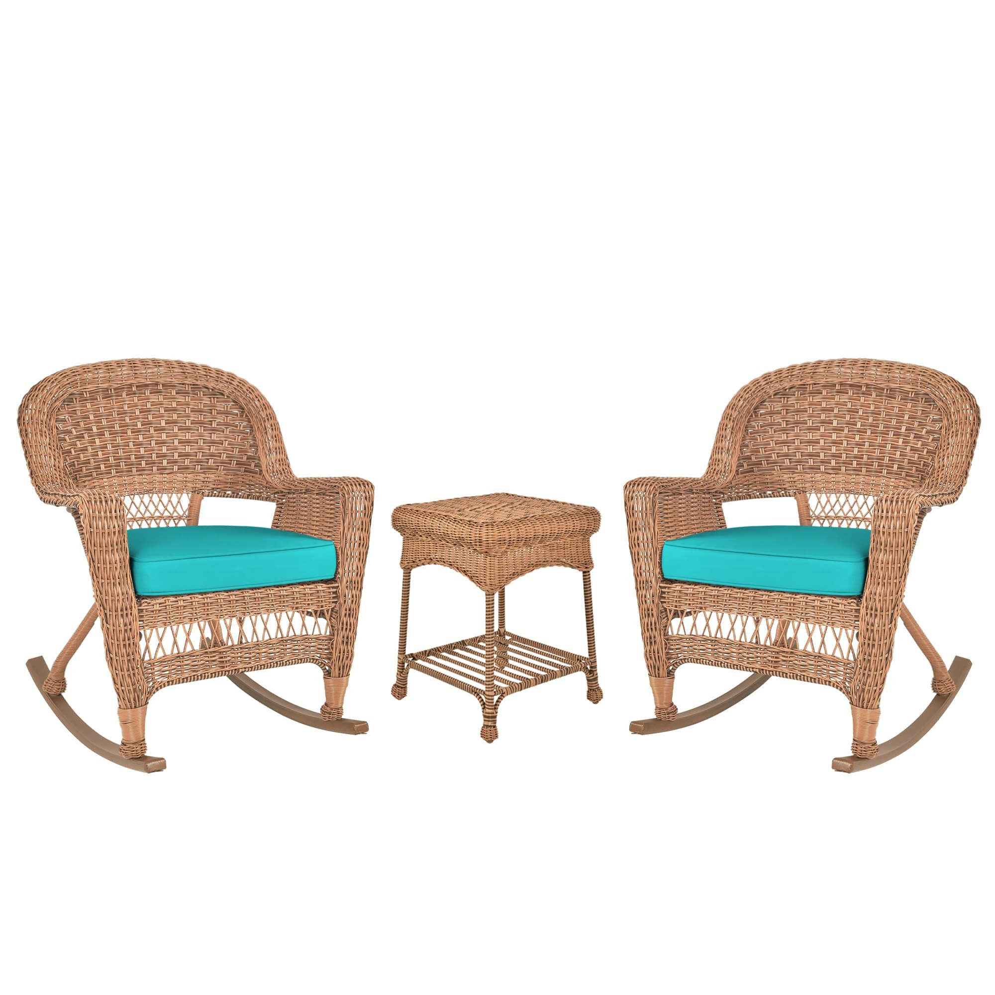 3pc Honey Rocker Wicker Chair Set With Turquoise Cushion