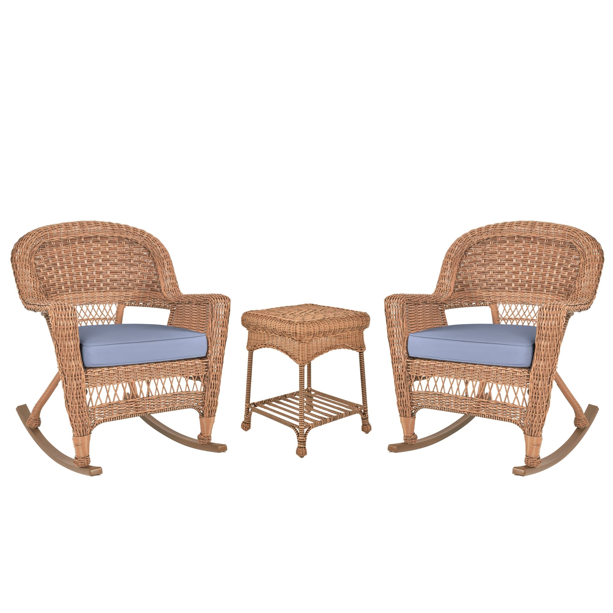 3pc Honey Rocker Wicker Chair Set With Steel Blue Cushion