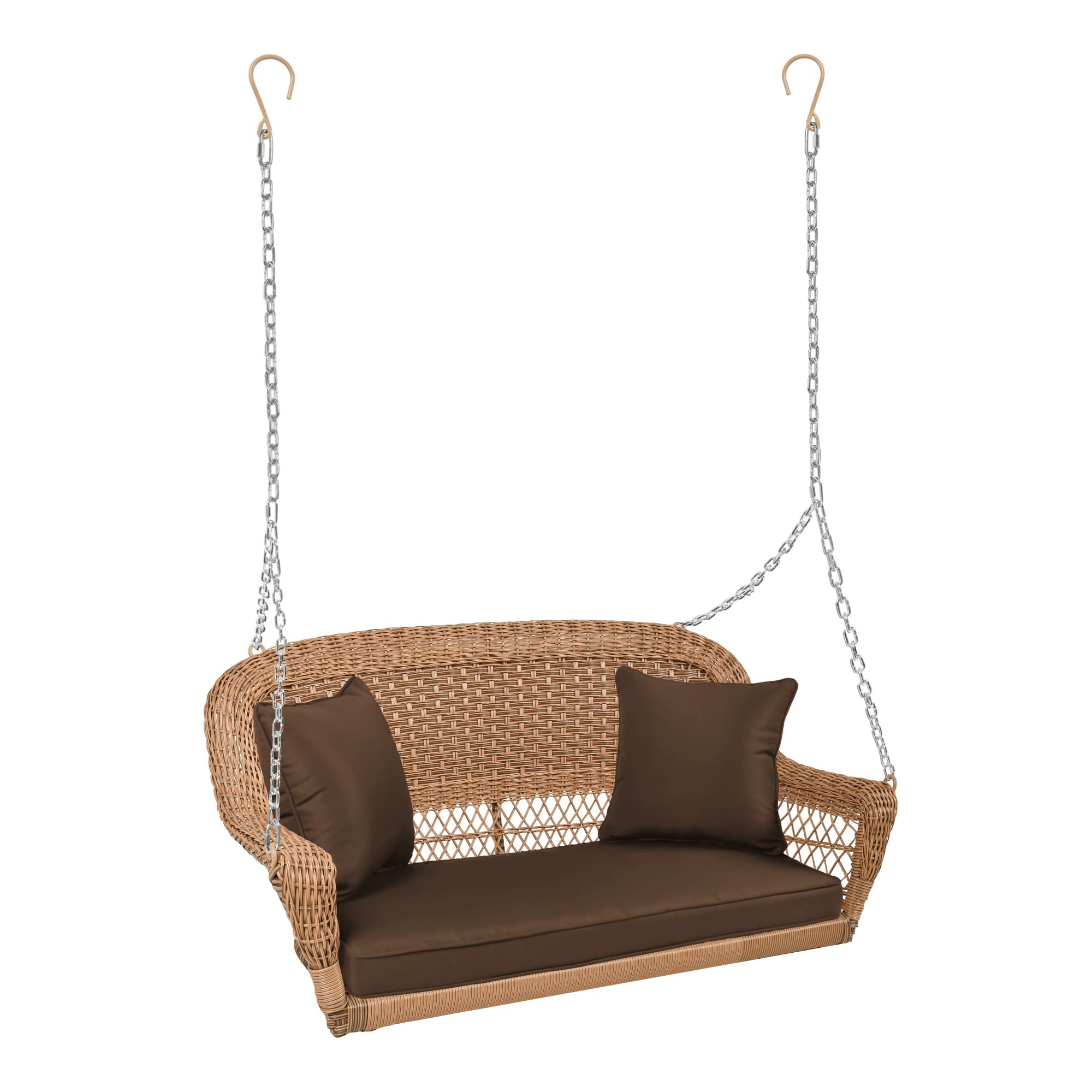 Honey Resin Wicker Porch Swing with Brown Cushion