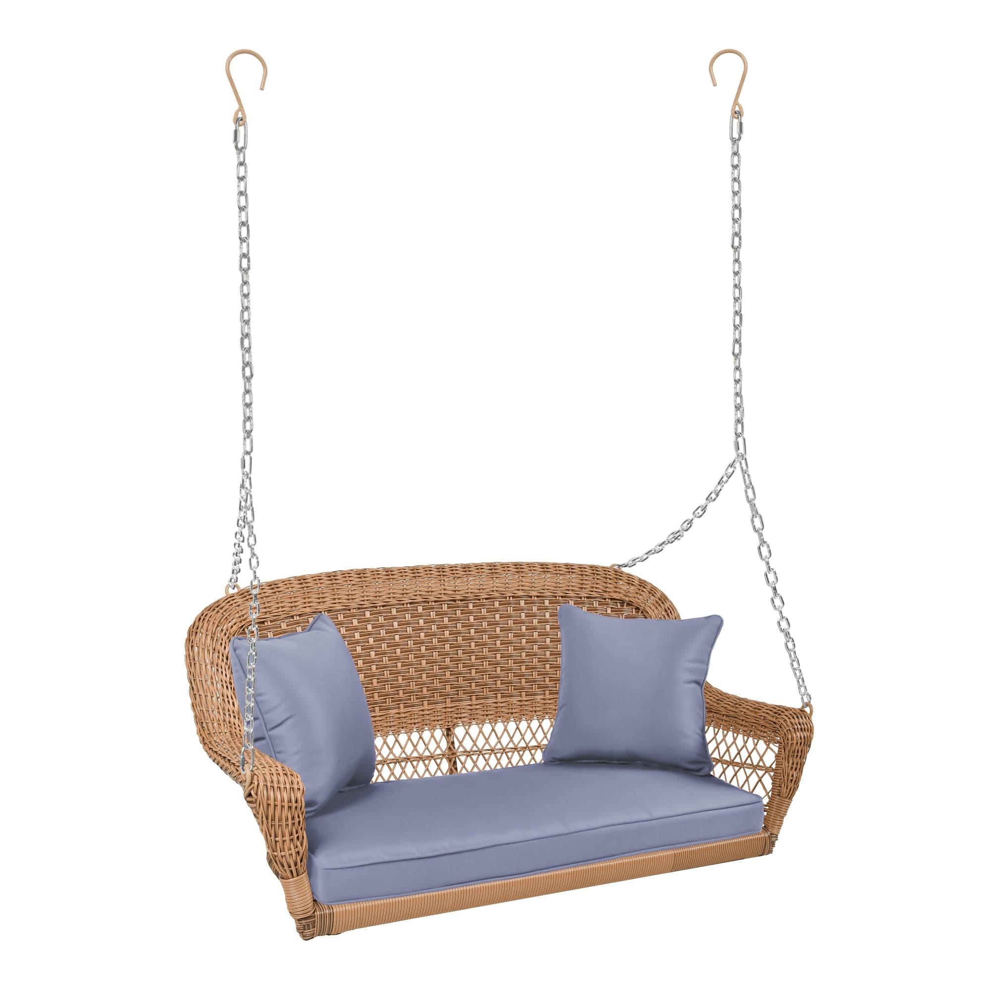 Honey Resin Wicker Porch Swing with Steel Blue Cushion
