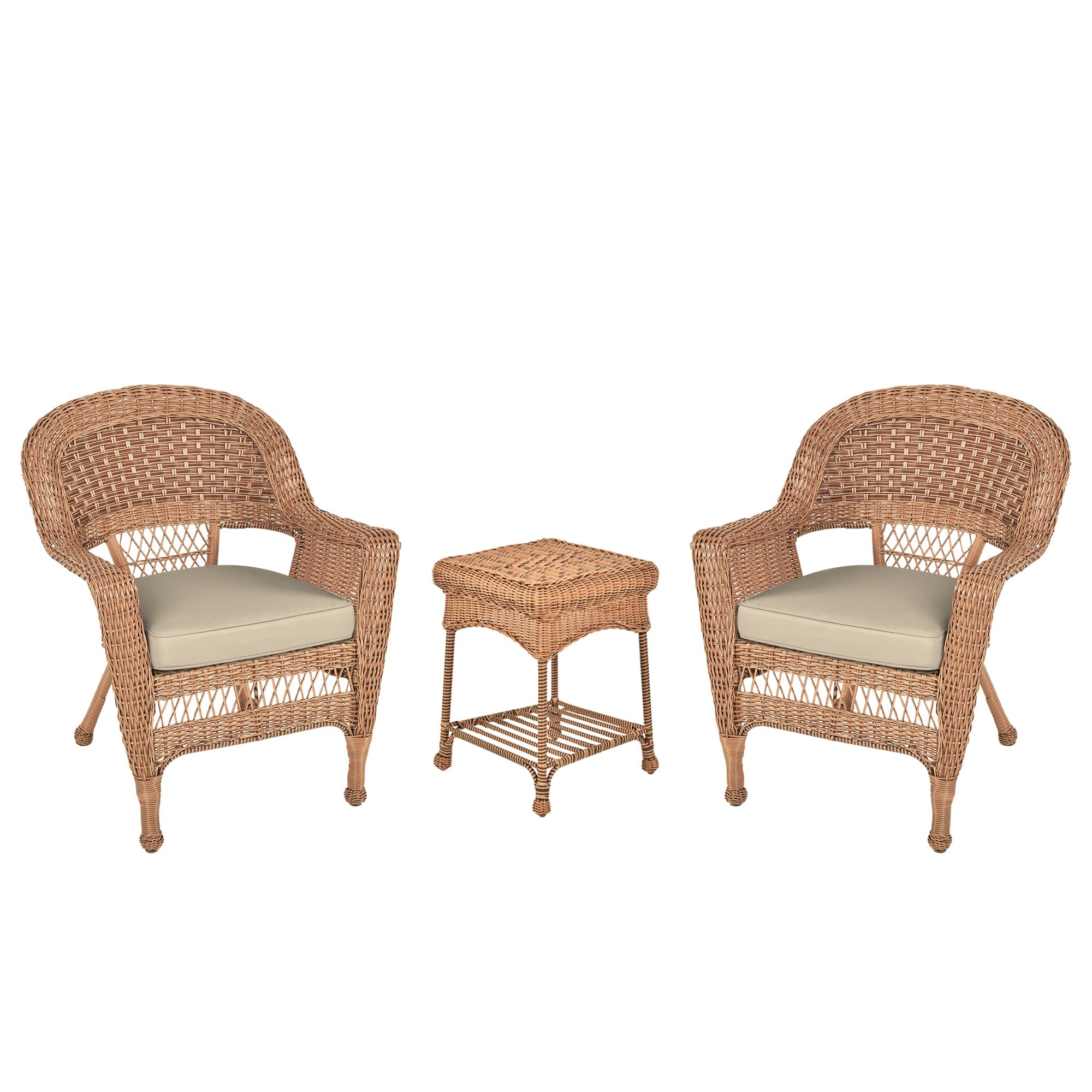 Honey Wicker Chair And End Table Set With Tan Chair Cushion