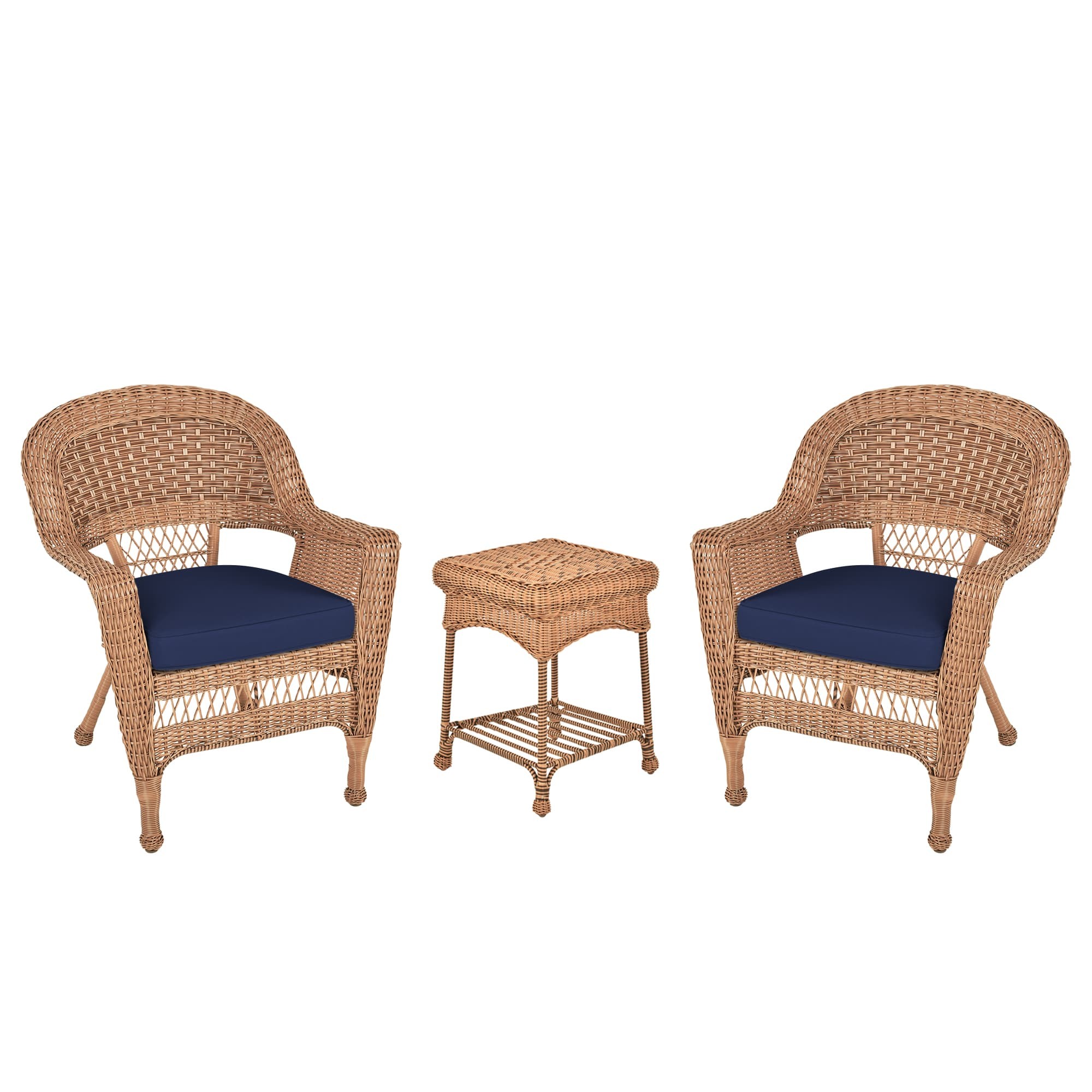 Honey Wicker Chair And End Table Set With Midnight Blue Chair Cushion