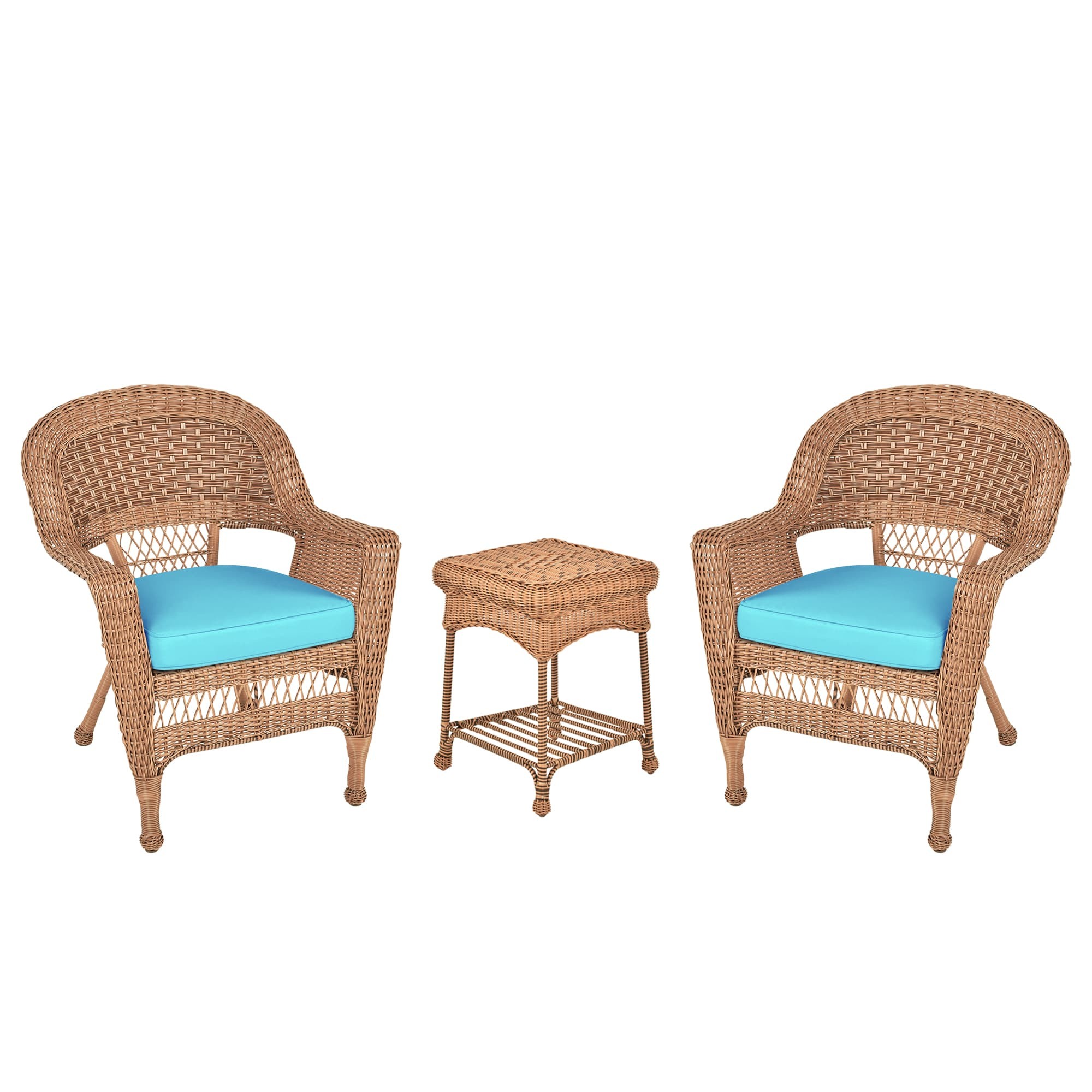 Honey Wicker Chair And End Table Set With Sky Blue Chair Cushion