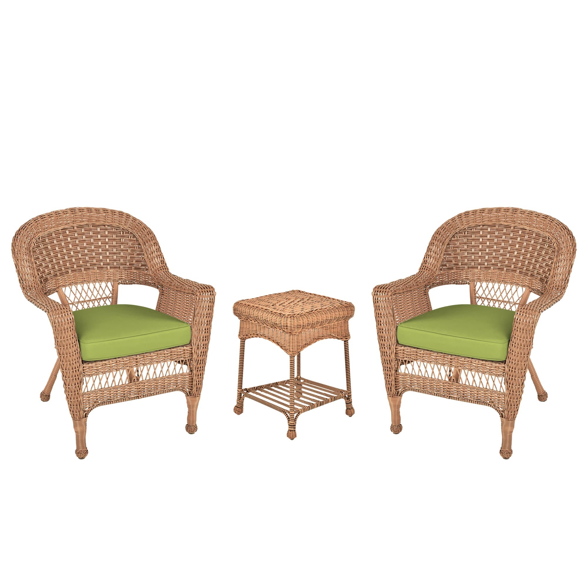 Honey Wicker Chair And End Table Set With Sage Green Chair Cushion