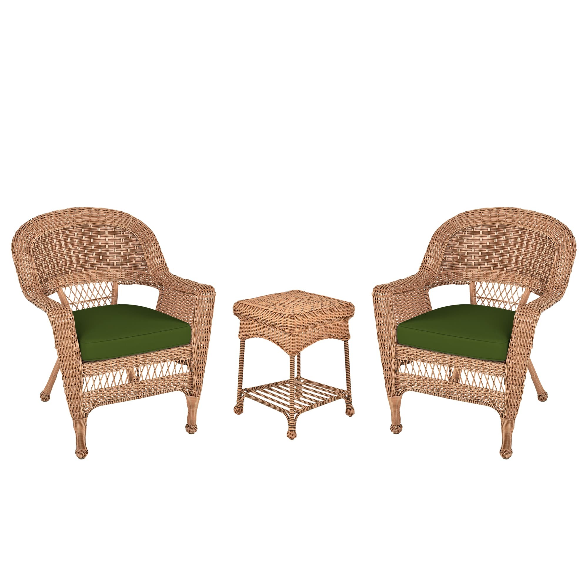 Honey Wicker Chair And End Table Set With Hunter Green Chair Cushion