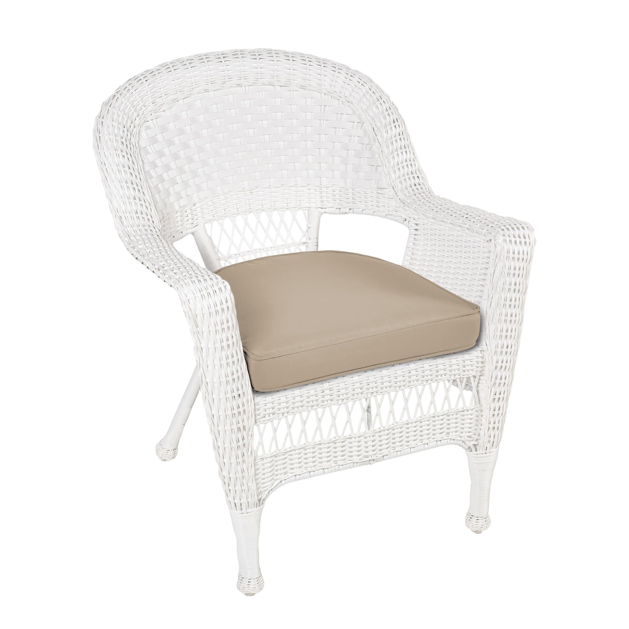 White Wicker Chair With Tan Cushion