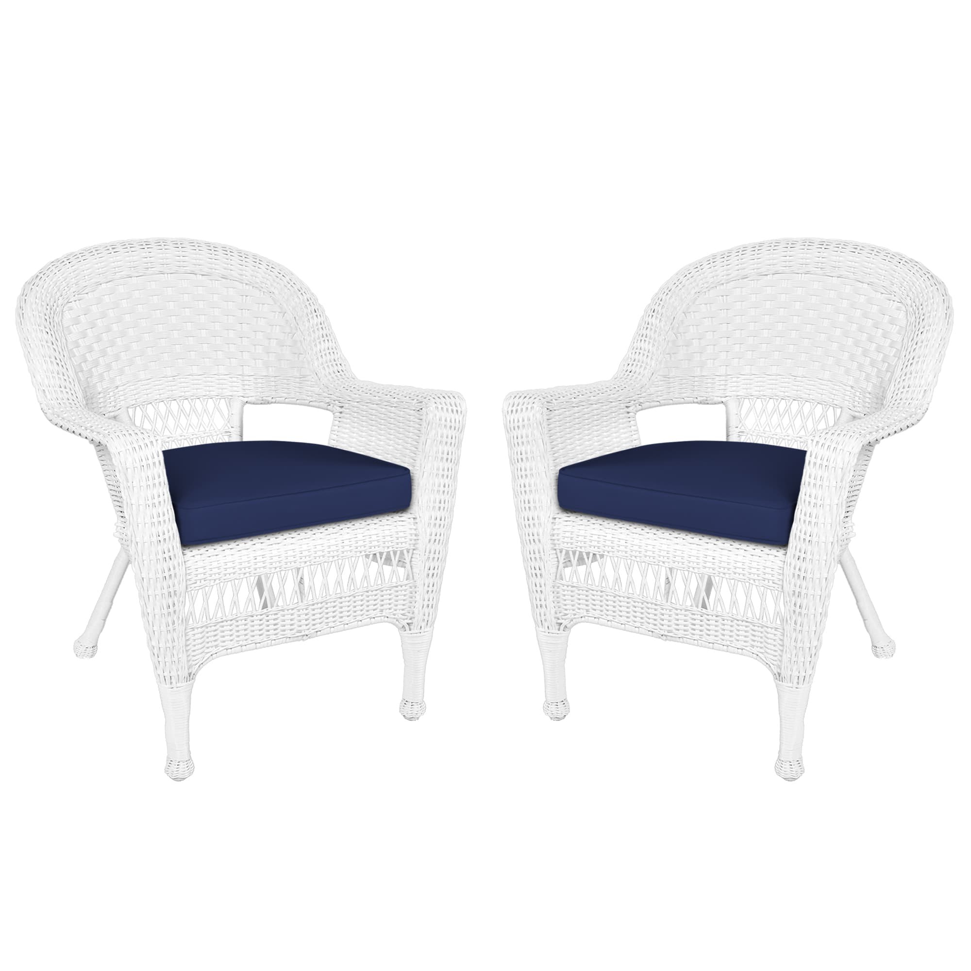 White Wicker Chair With Midnight Blue Cushion - Set of 2