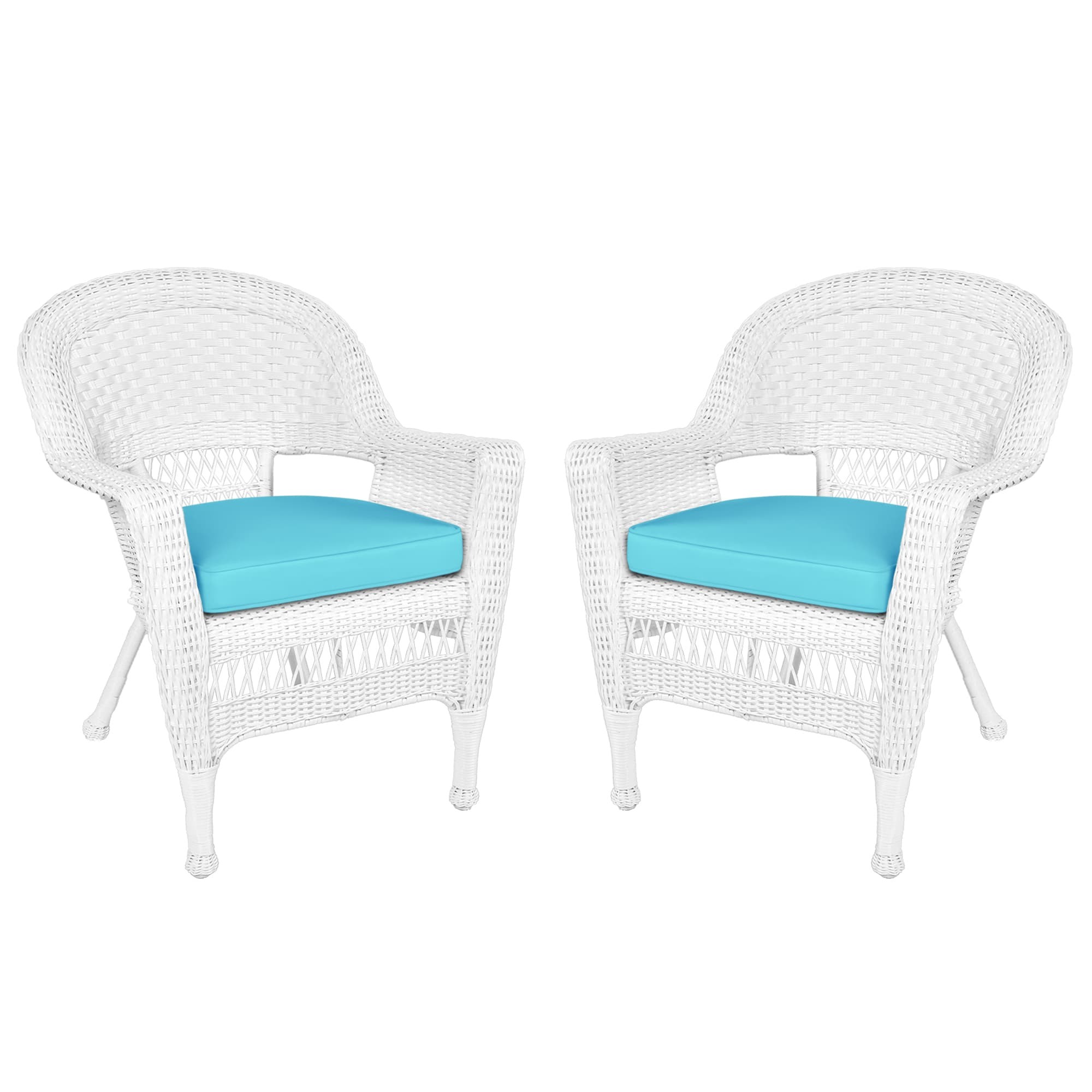 White Wicker Chair With Sky Blue Cushion - Set of 2
