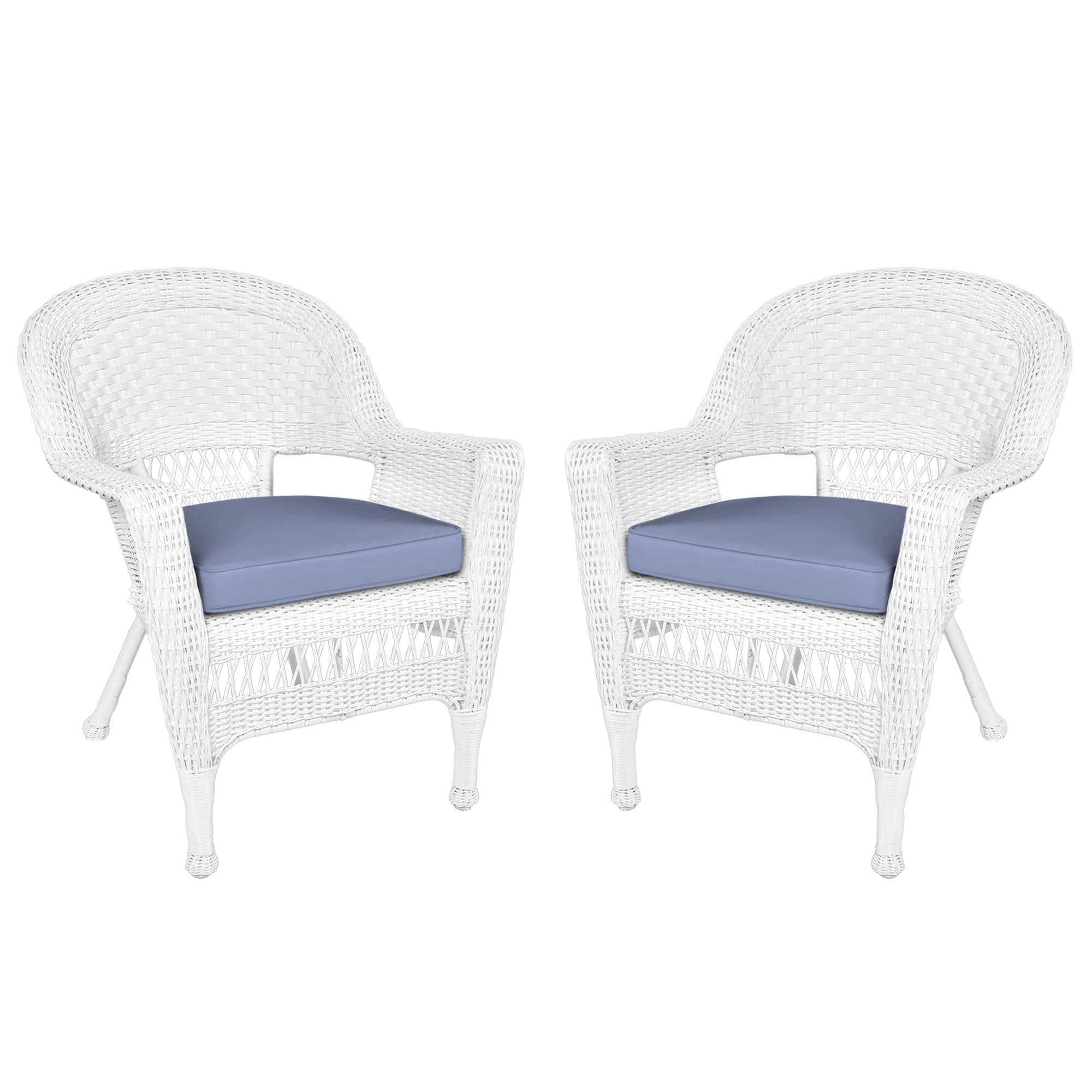 White Wicker Chair With Steel Blue Cushion - Set of 2