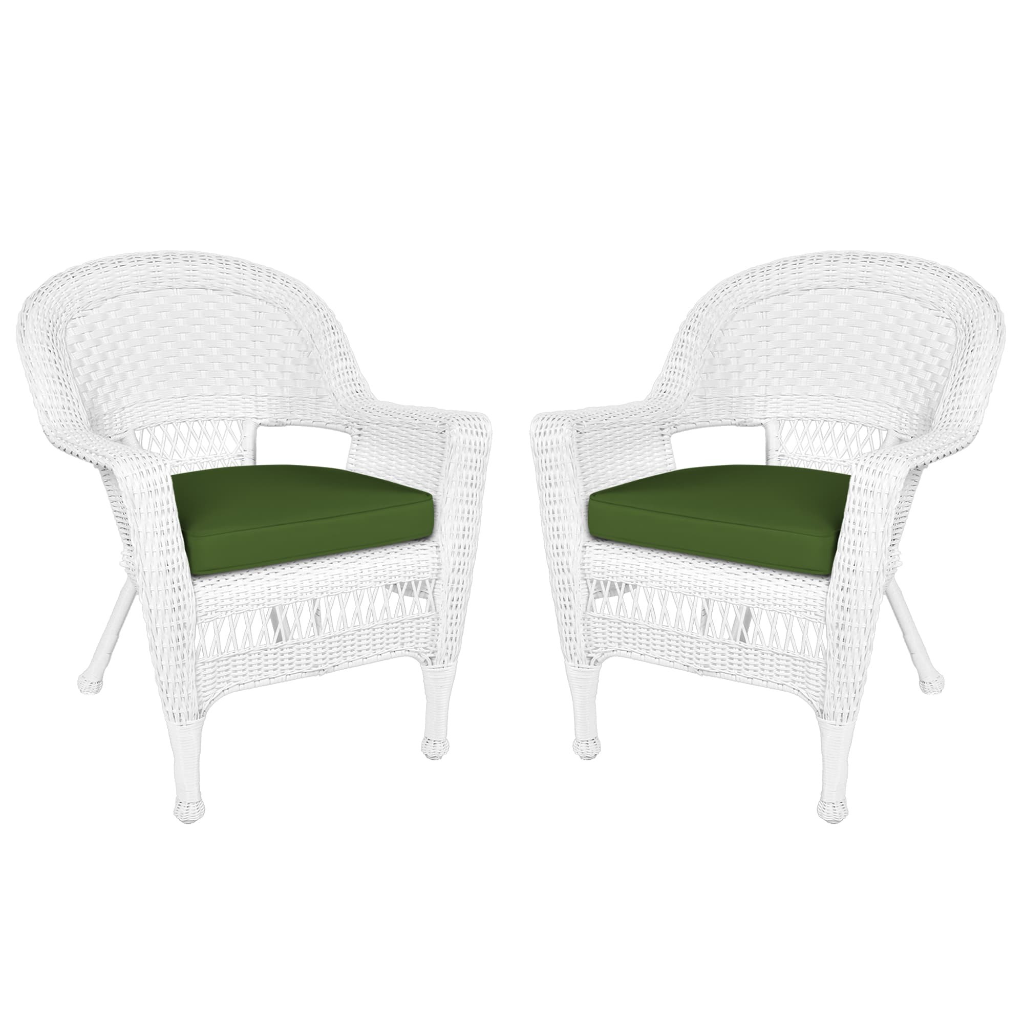 White Wicker Chair With Hunter Green Cushion - Set of 2