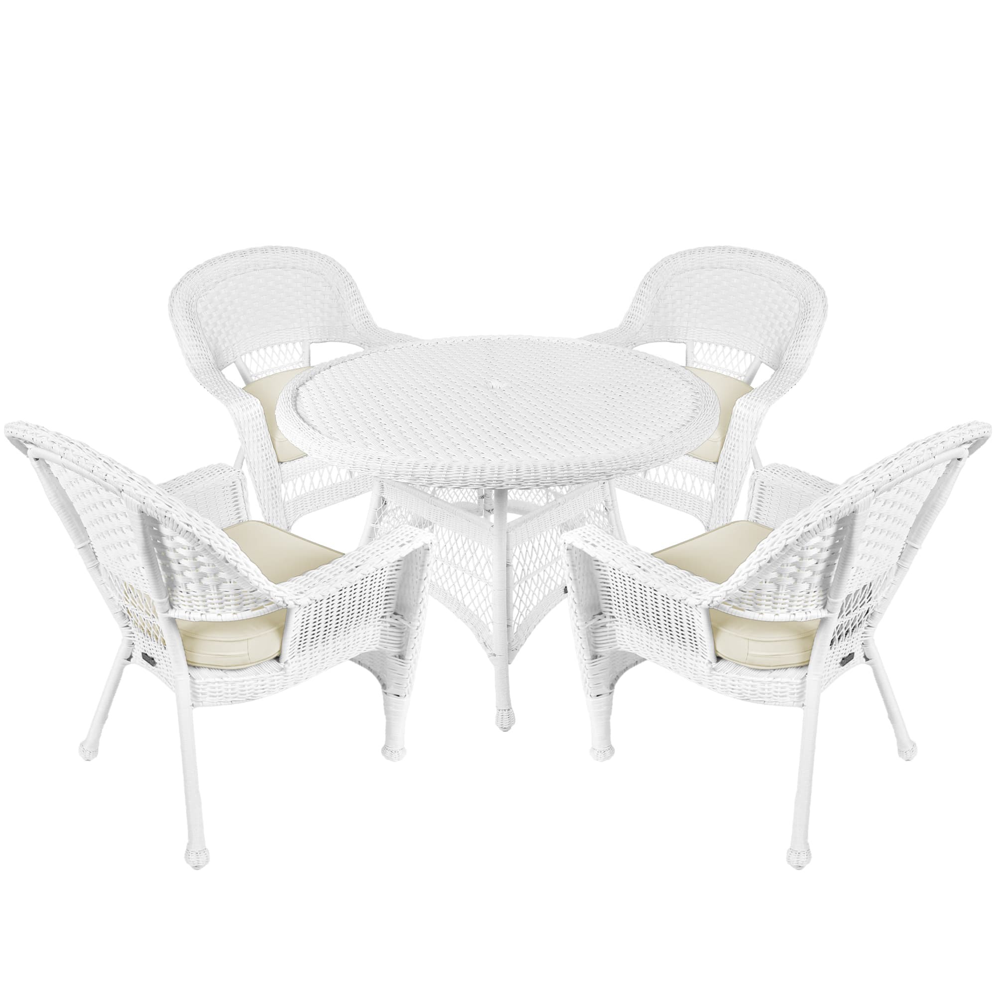 5pc White Wicker Dining Set - Ivory Cushions