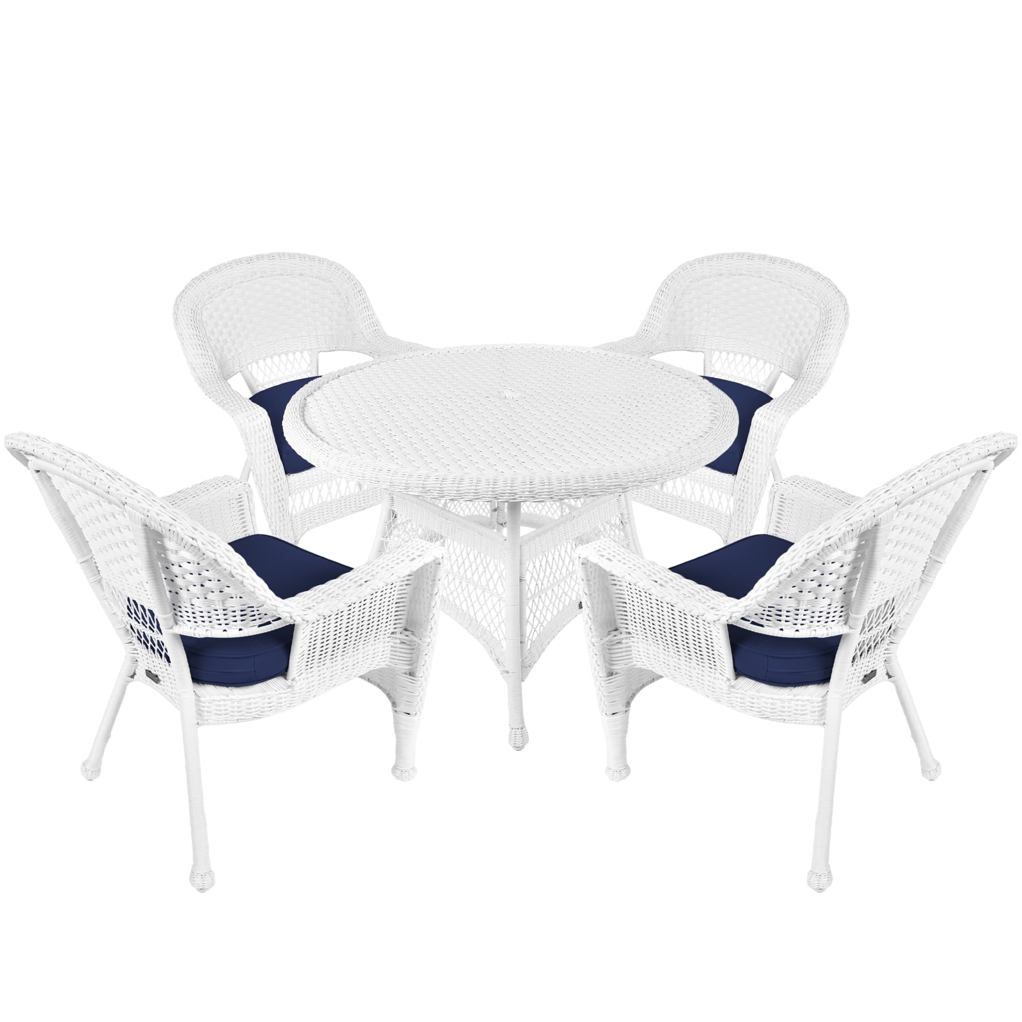 5pc White Wicker Dining Set - Midnight Blue Cushions