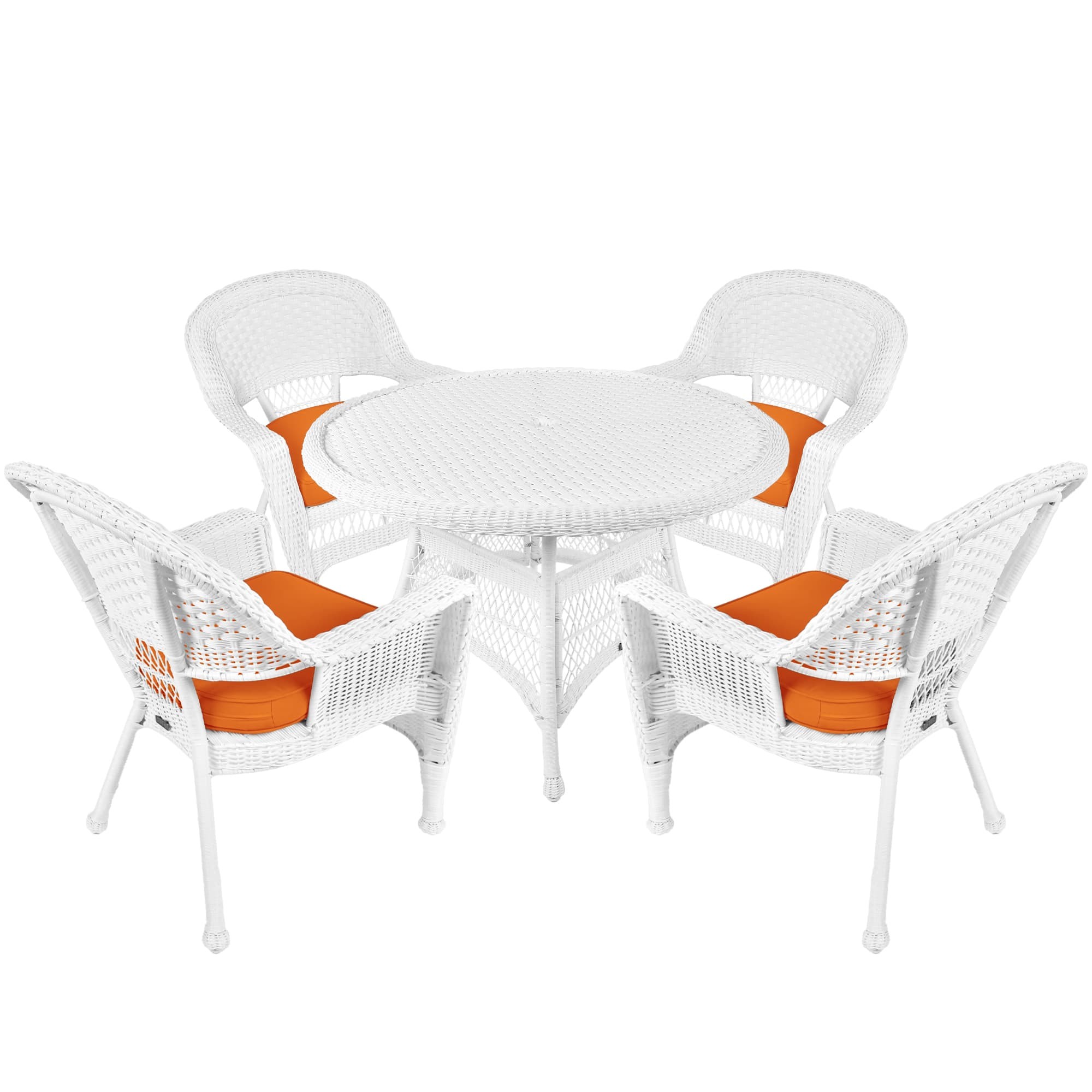 5pc White Wicker Dining Set - Orange Cushions