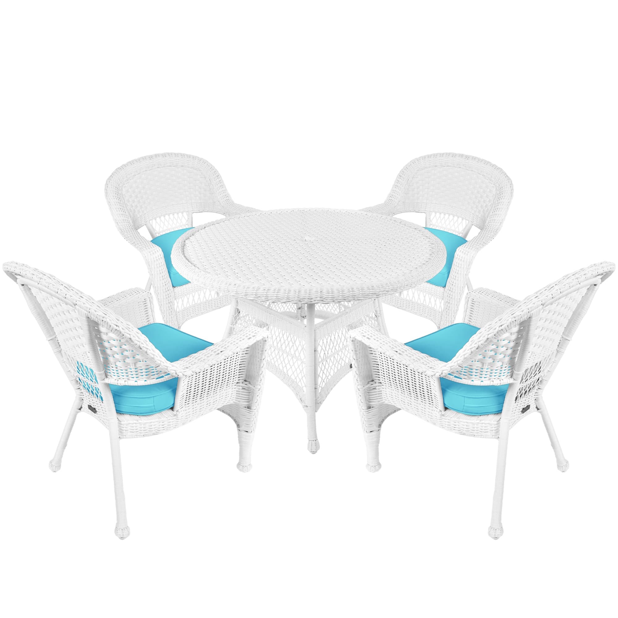 5pc White Wicker Dining Set - Sky Blue Cushions