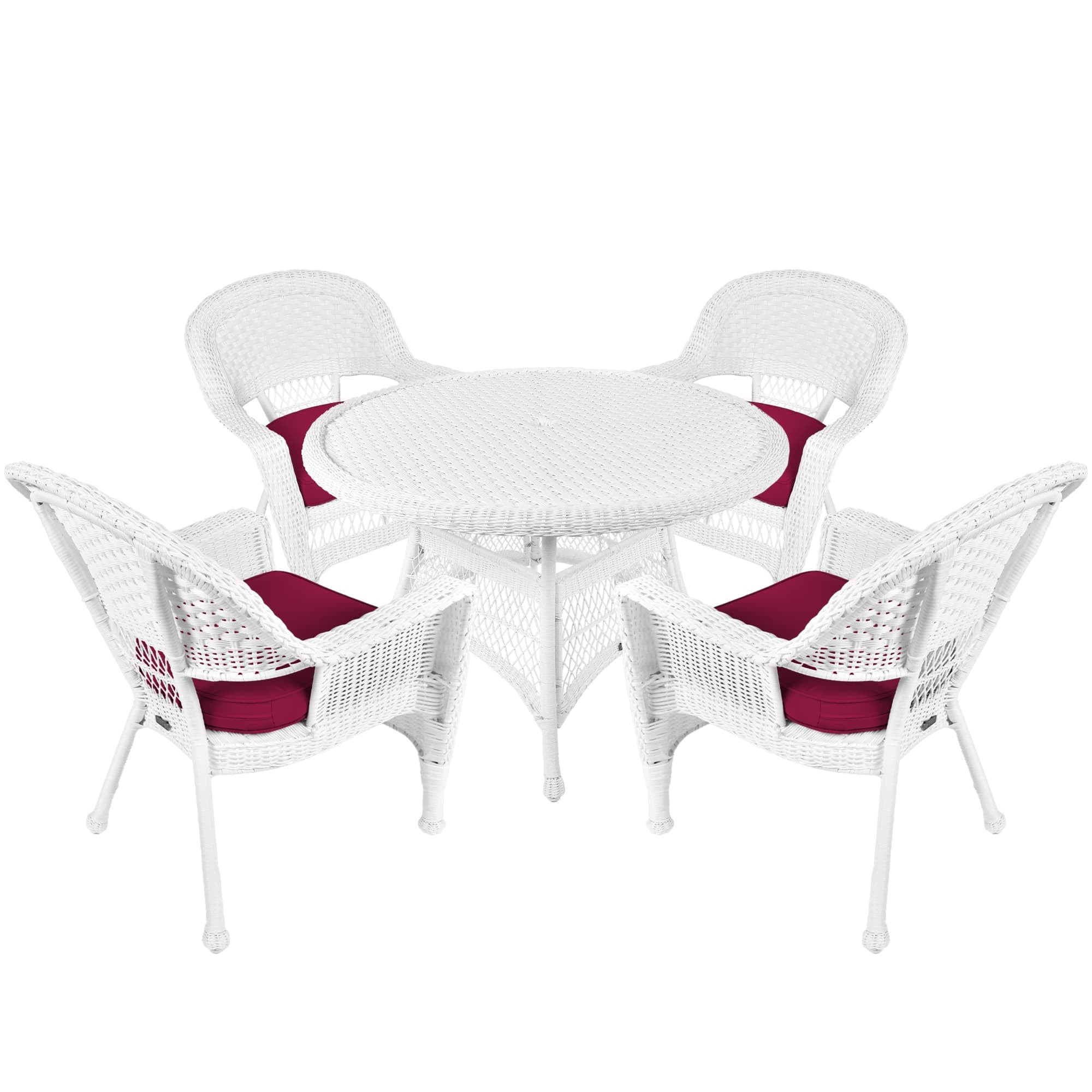 5pc White Wicker Dining Set - Red Cushions