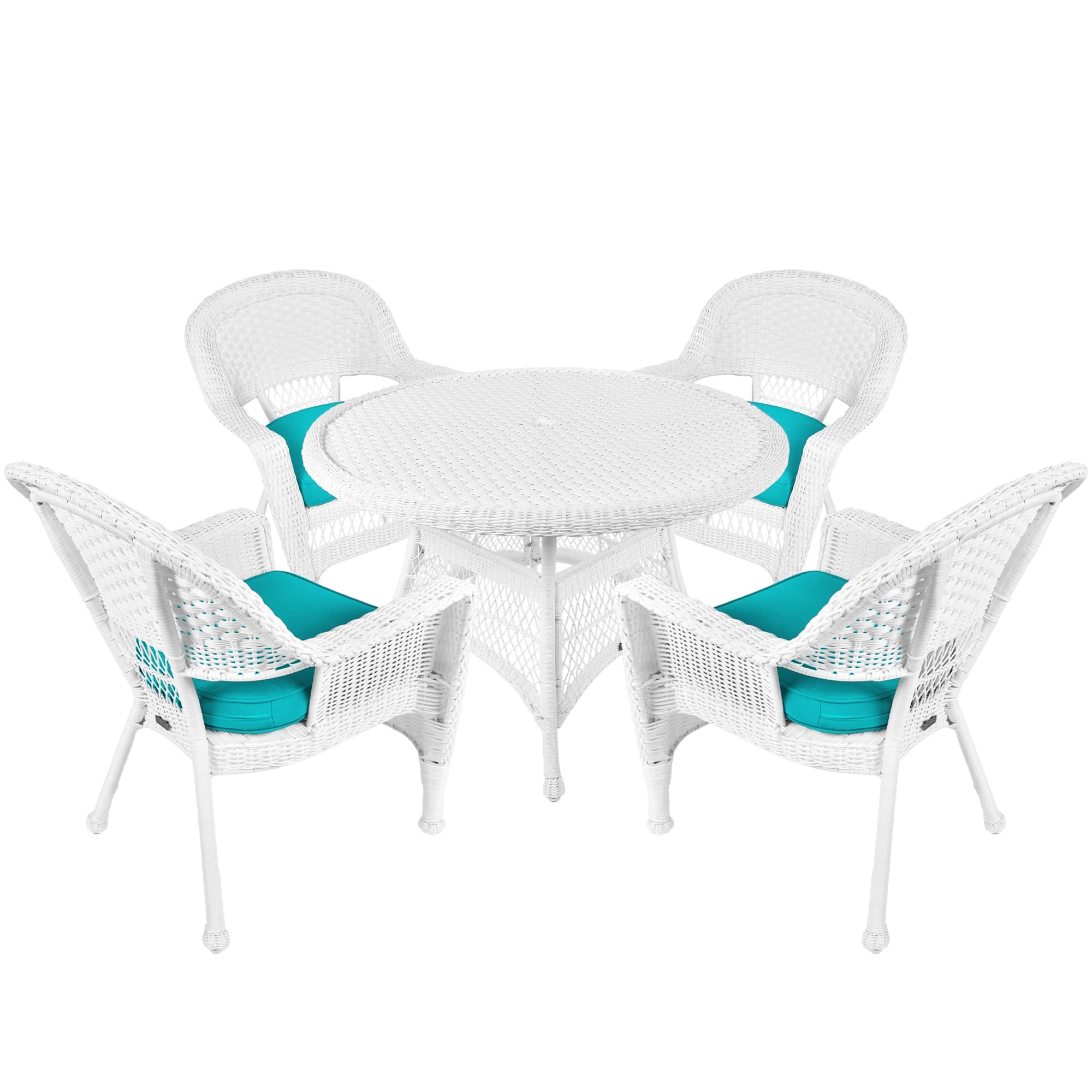 5pc White Wicker Dining Set - Turquoise Cushions