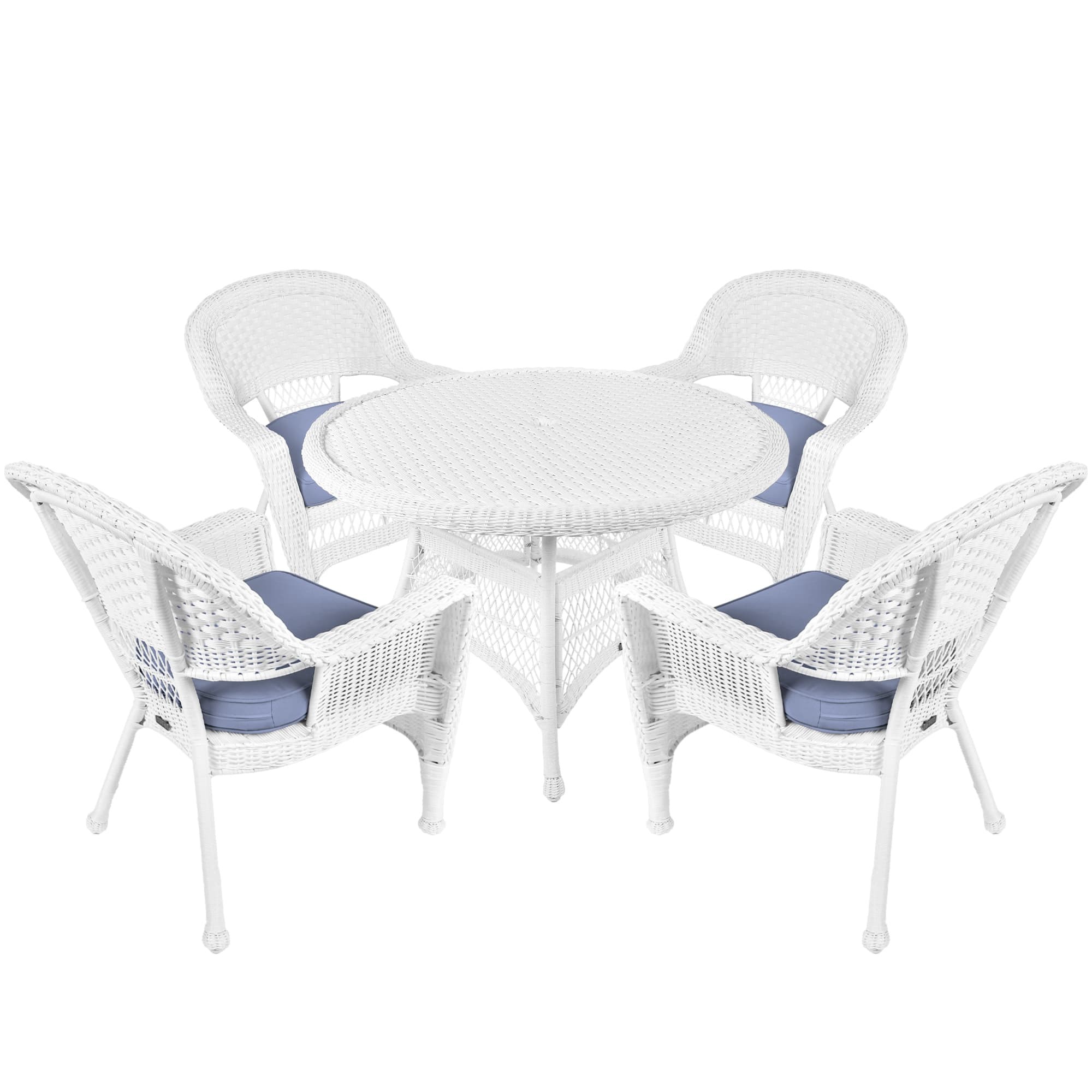 5pc White Wicker Dining Set - Steel Blue Cushions