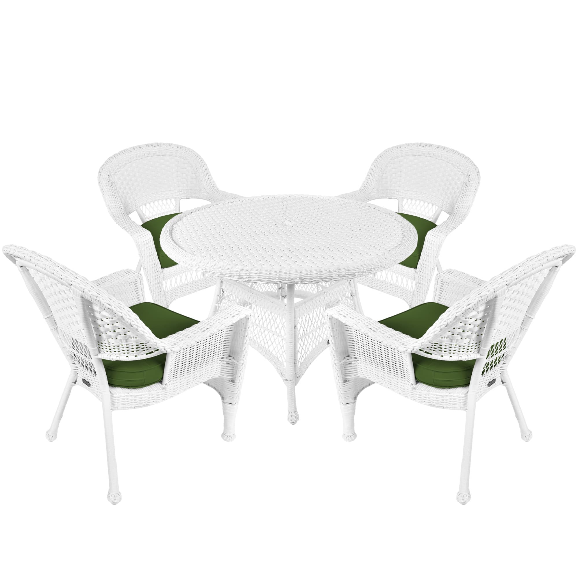 5pc White Wicker Dining Set - Hunter Green Cushions
