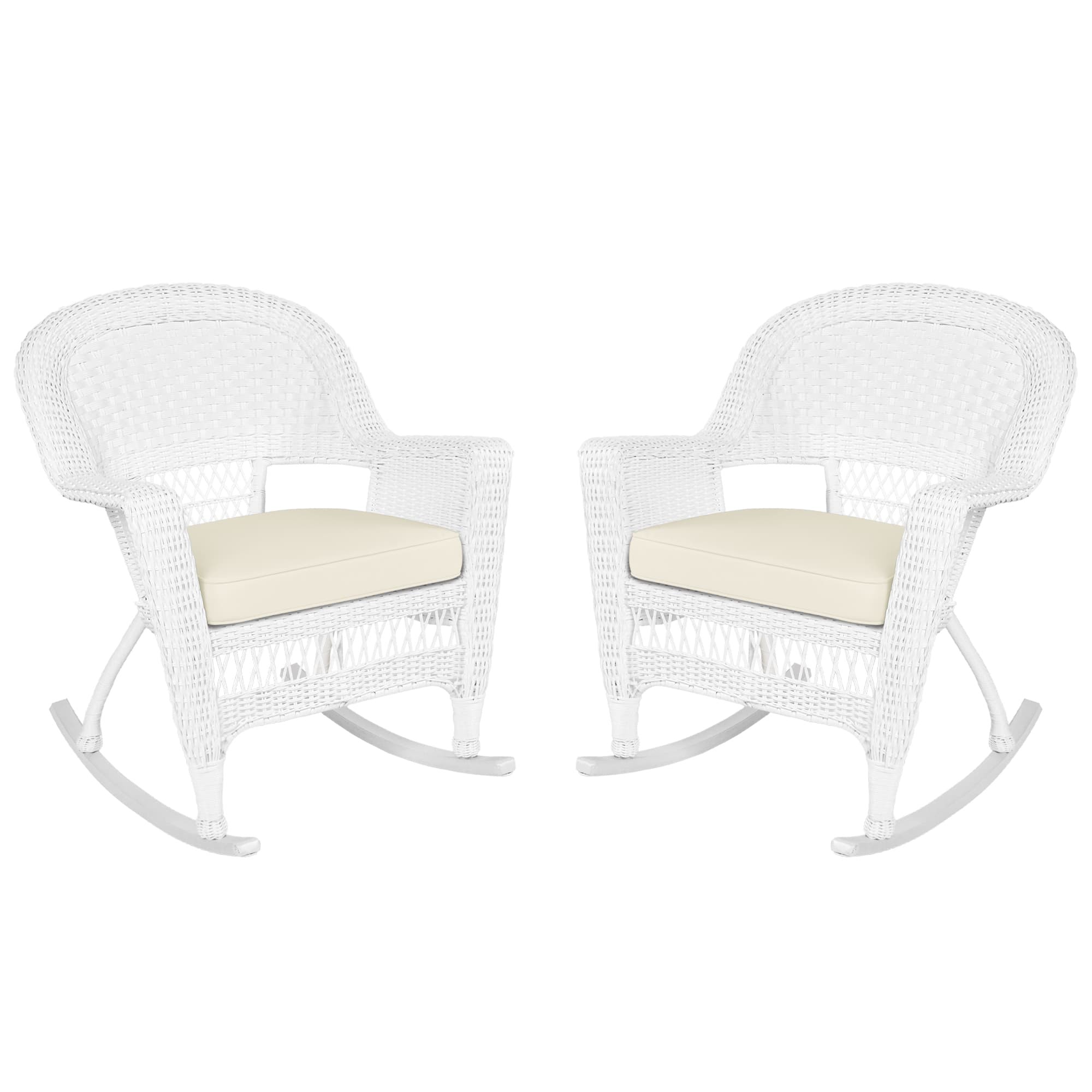 White Rocker Wicker Chair with Ivory Cushion-  Set of 2