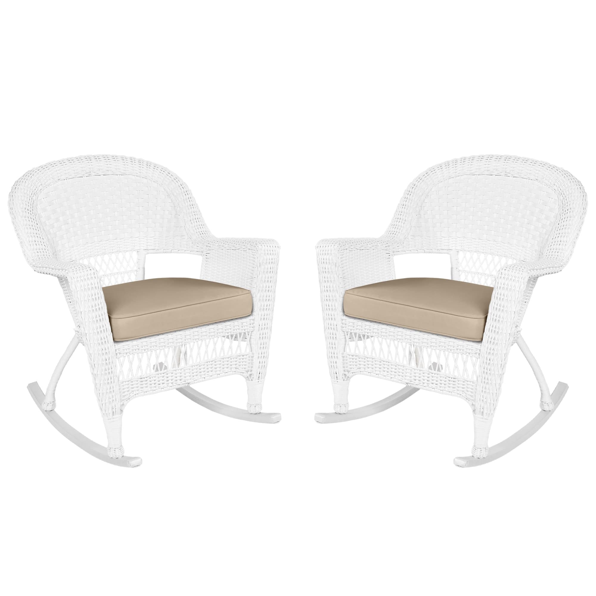 White Rocker Wicker Chair with Tan Cushion-  Set of 2