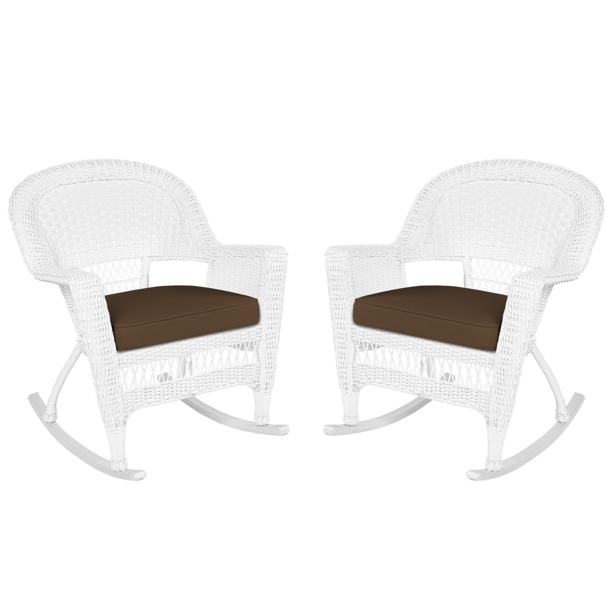 White Rocker Wicker Chair with Brown Cushion-  Set of 2