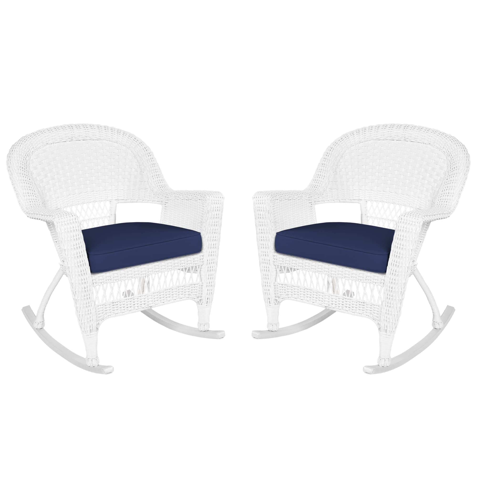 White Rocker Wicker Chair with Midnight Blue Cushion-  Set of 2