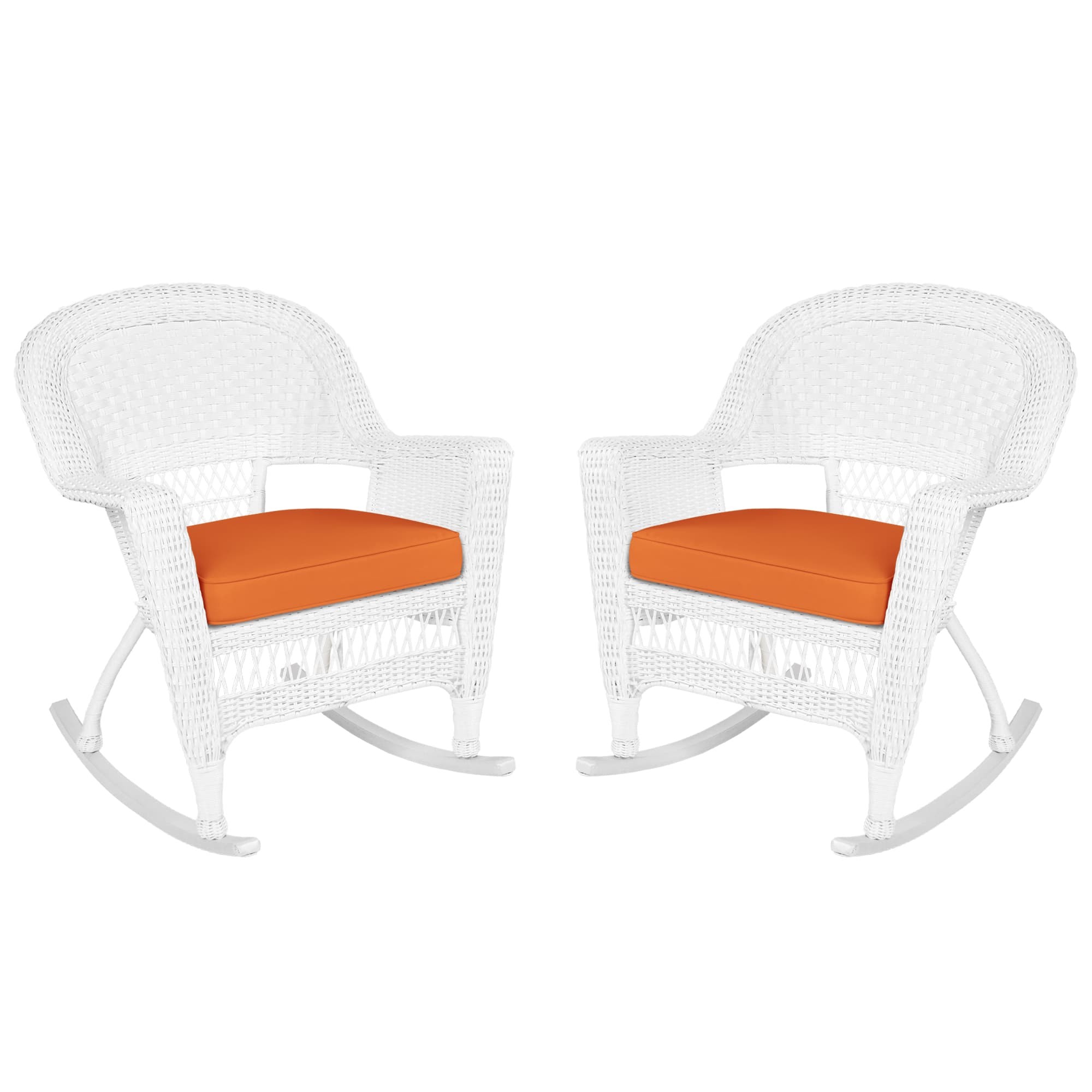 White Rocker Wicker Chair with Orange Cushion-  Set of 2