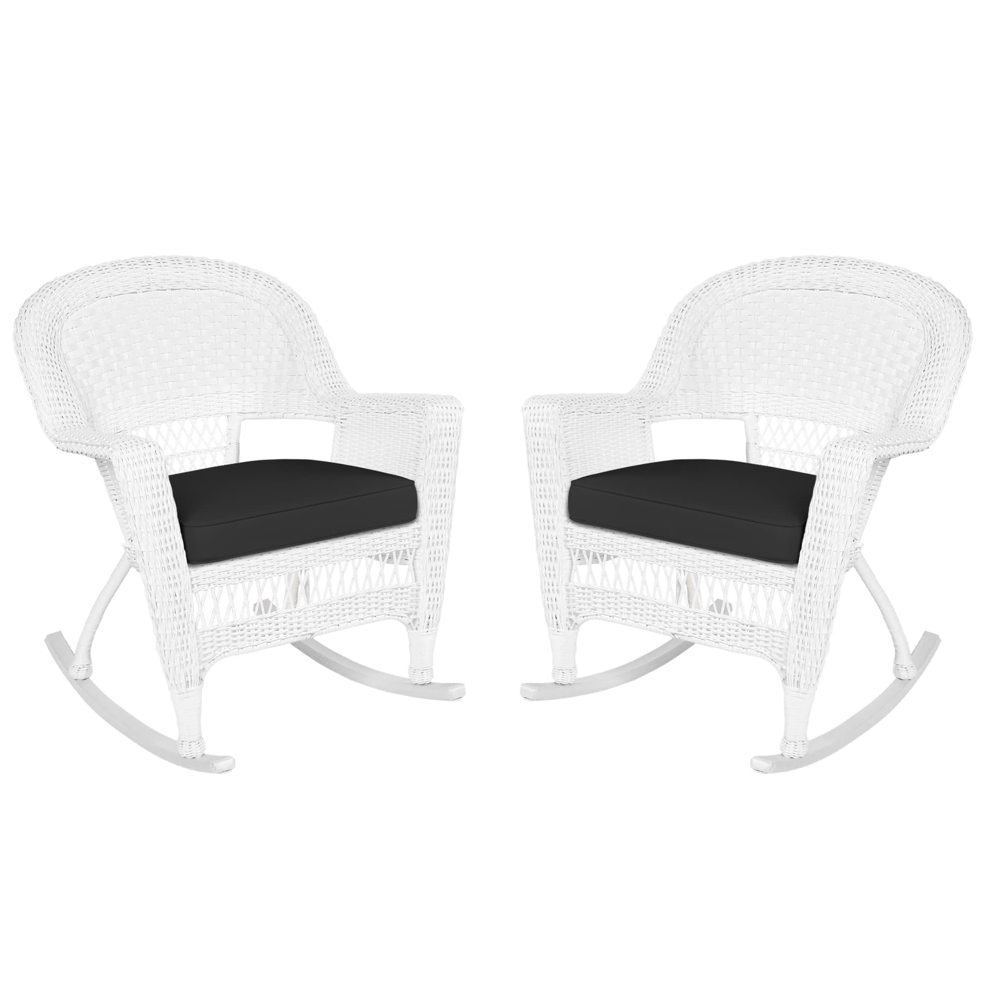 White Rocker Wicker Chair with Black Cushion-  Set of 2