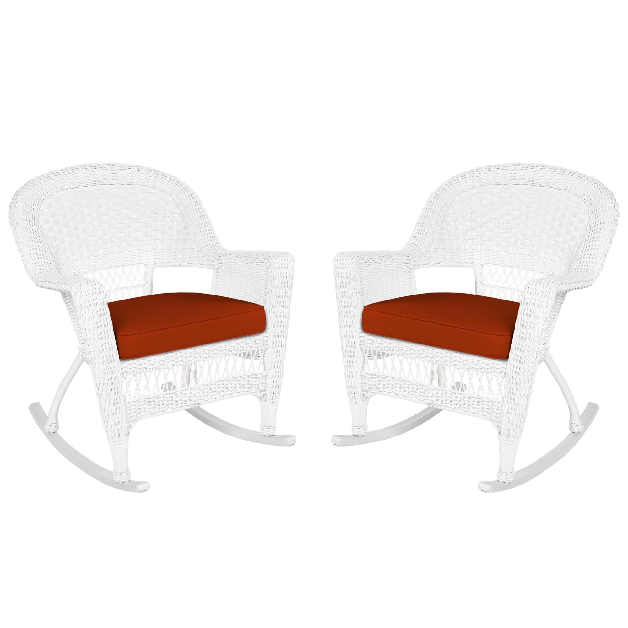 White Rocker Wicker Chair with Brick Red Cushion-  Set of 2