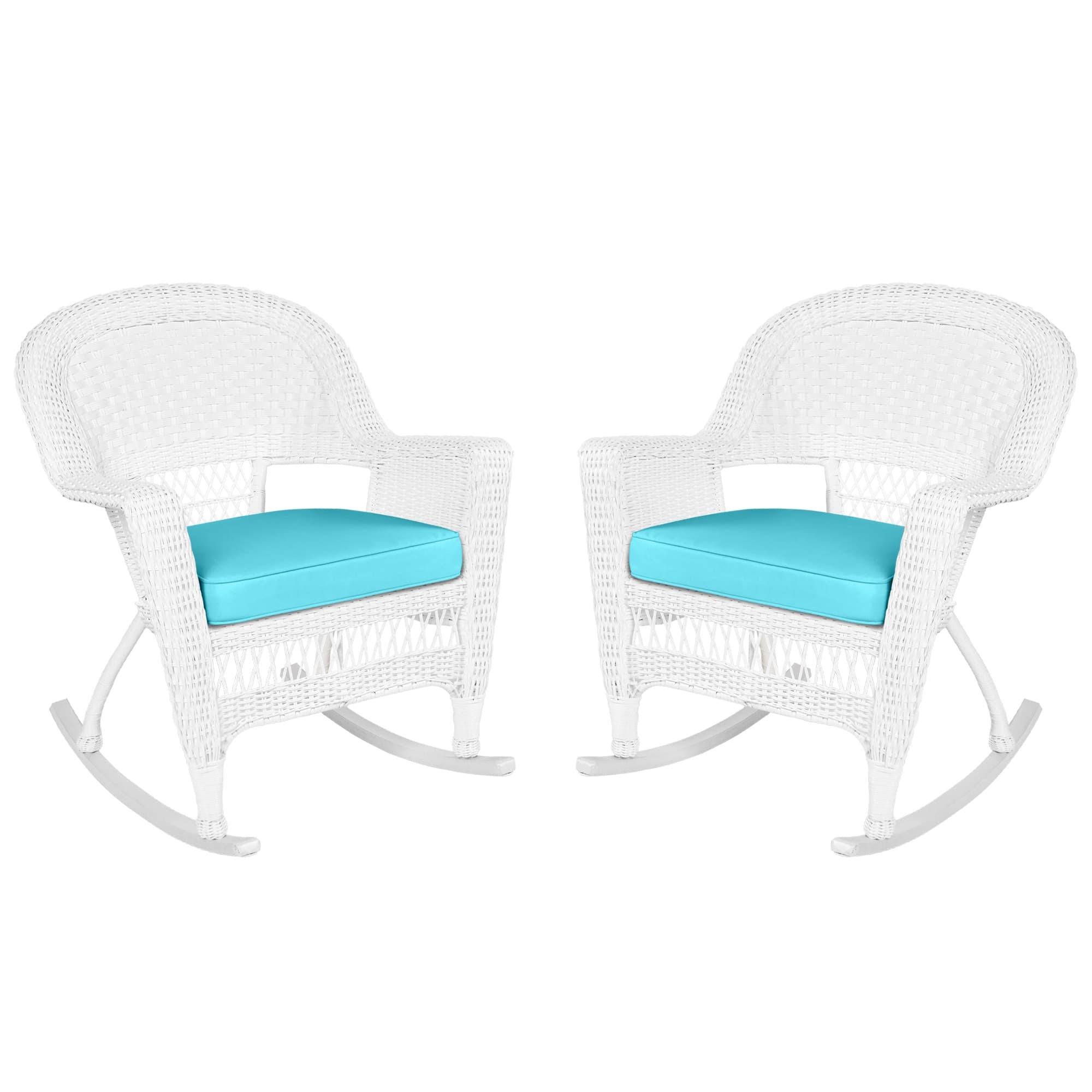 White Rocker Wicker Chair with Sky Blue Cushion-  Set of 2