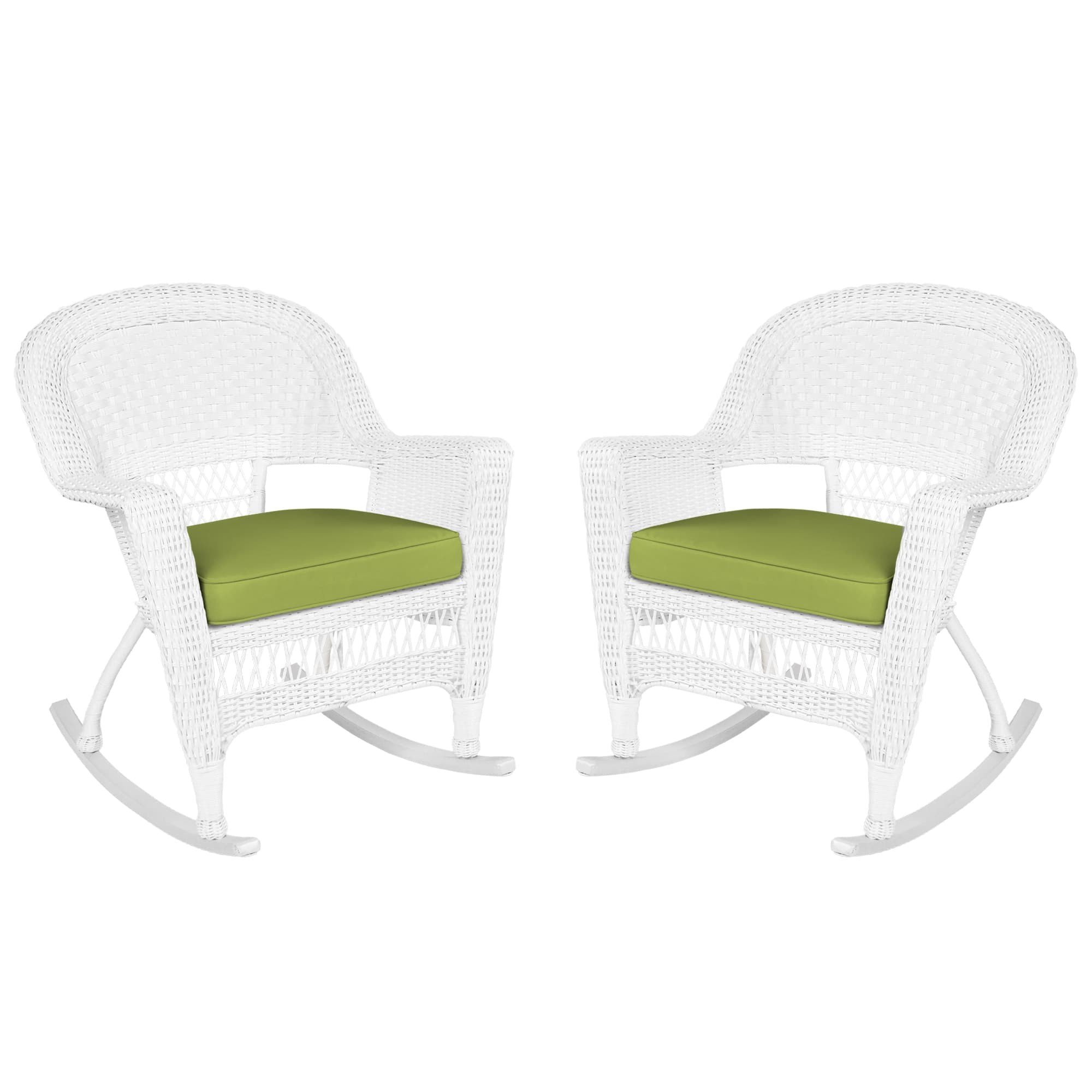 White Rocker Wicker Chair with Sage Green Cushion-  Set of 2